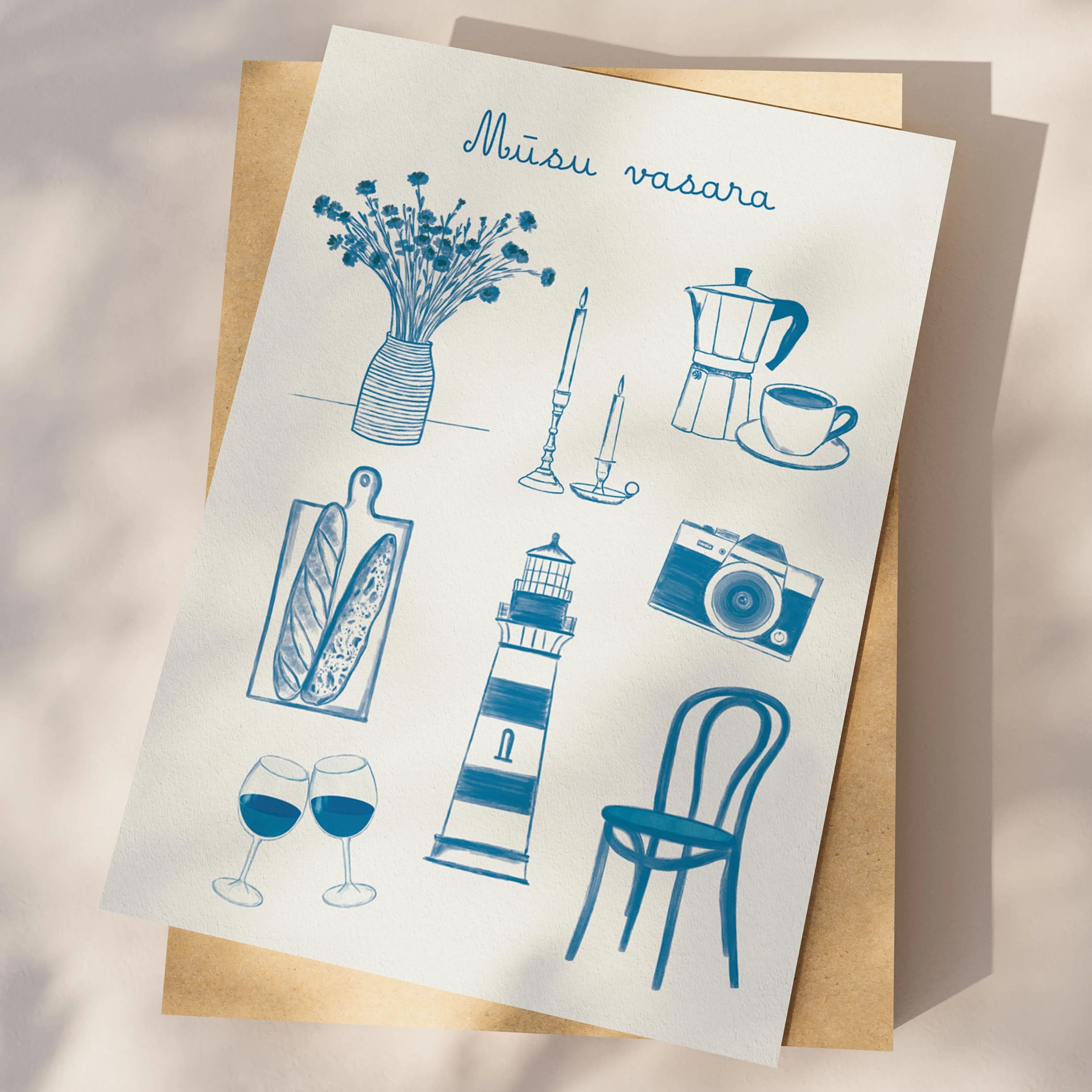 Skicēta ilustrācija ar cilvēka mīļākajām lietām – grāmata, tēja, svece un ziedi. Lieliska personalizēta dāvana