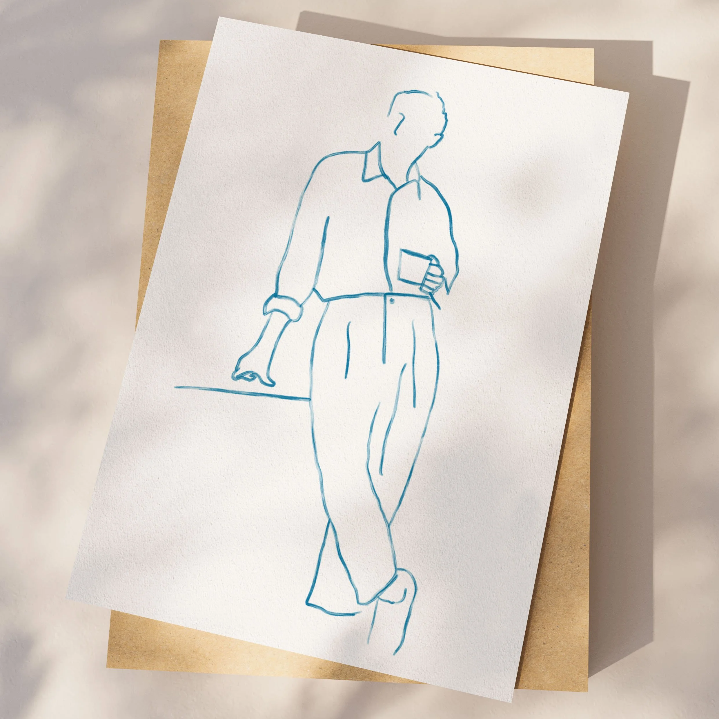 Skicēta ilustrācija pēc pasūtījuma – piemērs ar cilvēka portretu un fona elementiem. Ideāla personalizēta dāvana.