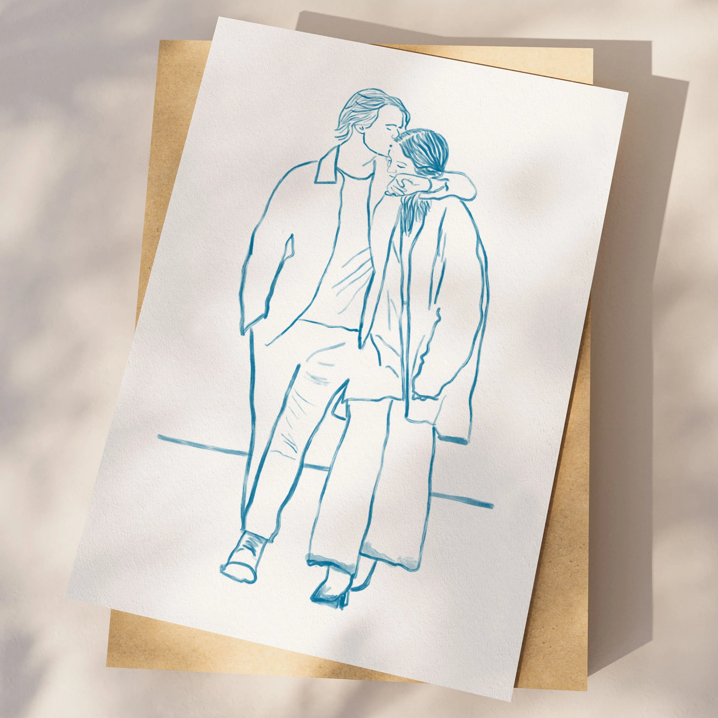 Skicēta ilustrācija ar pāri – divi cilvēki, zīmēti ar vienkāršām līnijām un mīļu izteiksmi. Oriģināla dāvana kāzu vai jubilejas gadījumā