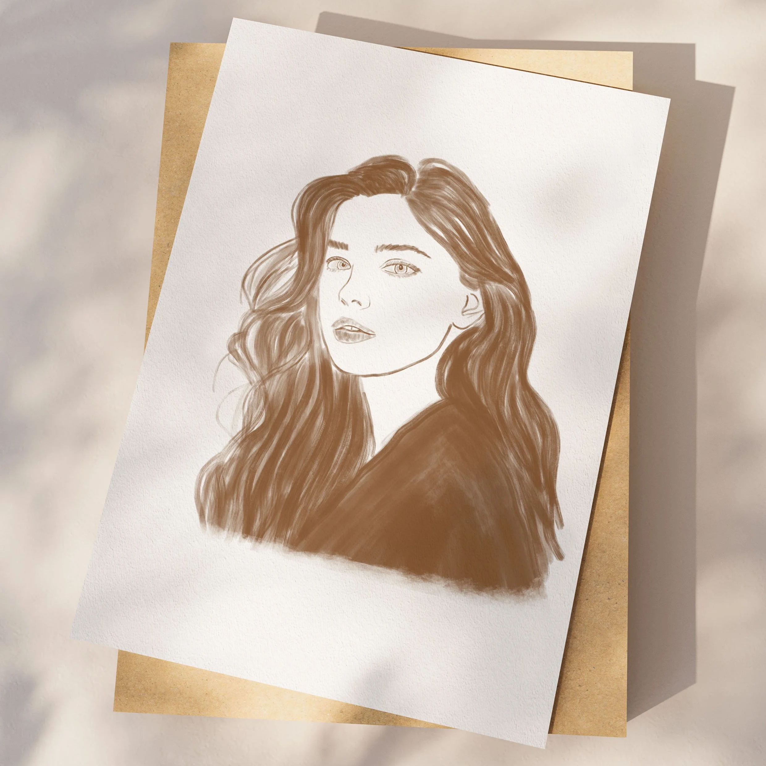Sievas portrets Sievietes portrets Zīmēts portrets Portrets dāvana Personalizēts portrets ar sievietes attēlu, zīmēts ar mīkstām līnijām un siltām krāsām. Piemērots kā sirsnīga dāvana.
