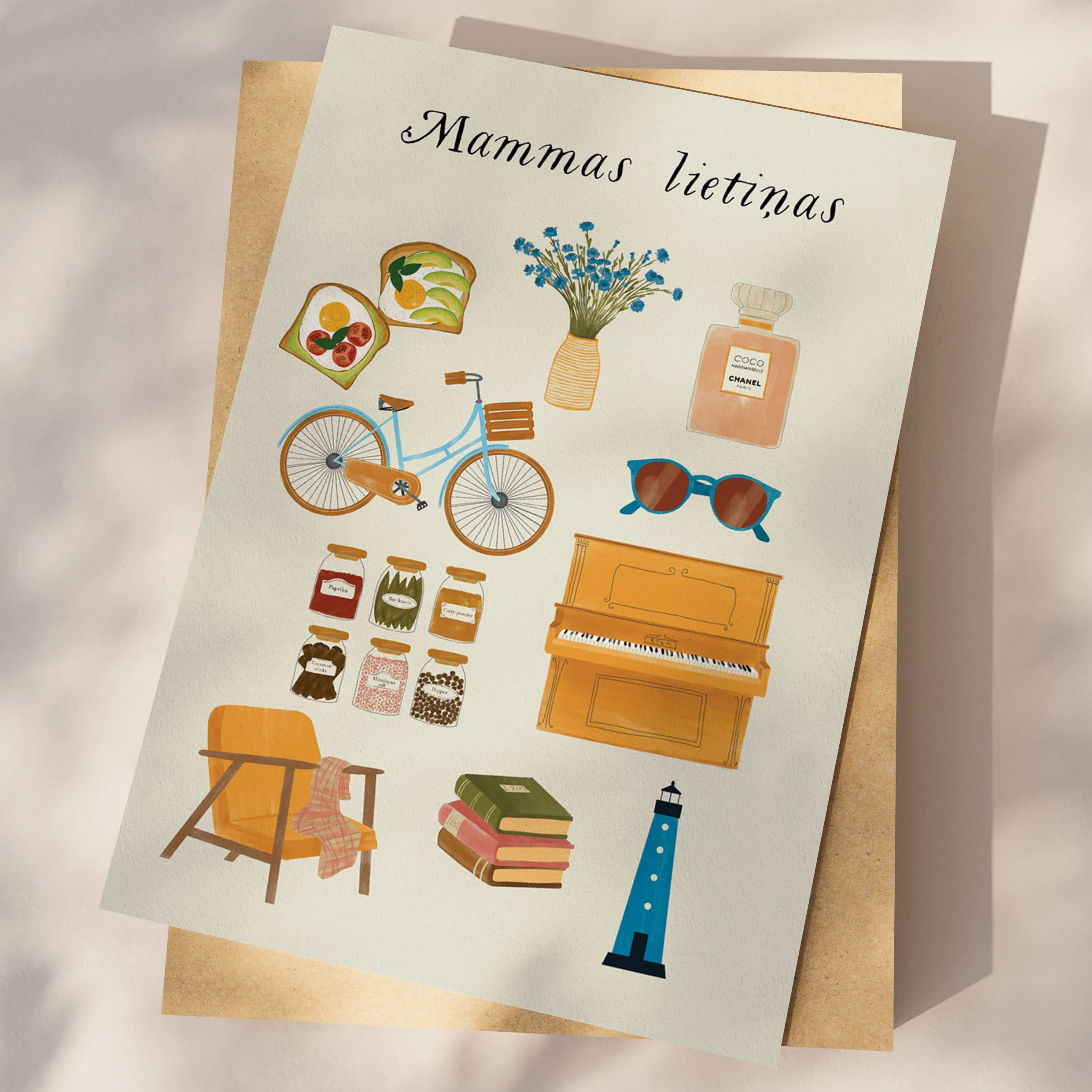 Ilustrācija ar cilvēka mīļākajām lietām – grāmata, tēja, svece un ziedi. Oriģināla dāvana īpašiem brīžiem.