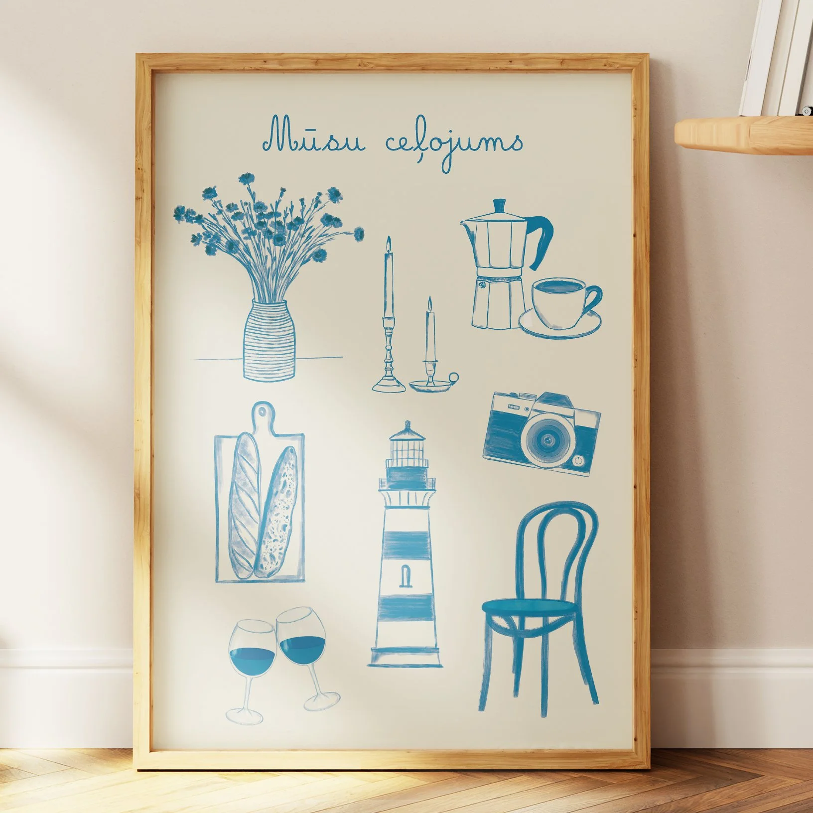 Skicēta ilustrācija ar cilvēka mīļākajām lietām – grāmata, tēja, svece un ziedi. Lieliska personalizēta dāvana