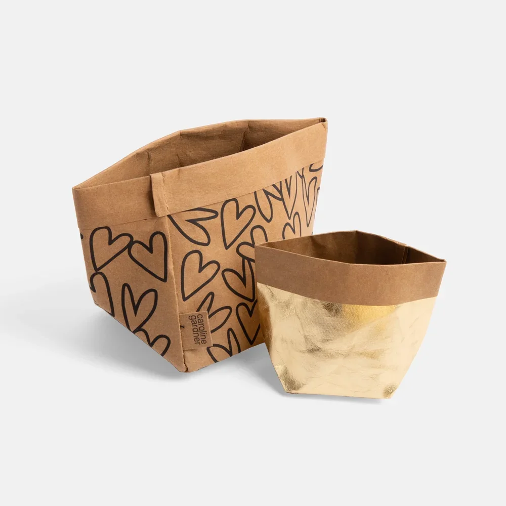 Caroline Gardner Gold/Kraft Outline Hearts Paper Storage Pots Set of 2