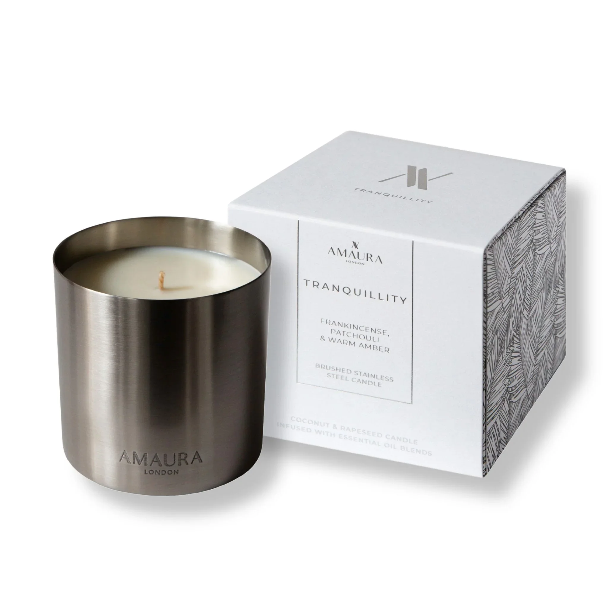 Amaura London | Tranquillity – Luxury Candle | Frankincense, Patchouli & Warm Amber | Brushed Stainless Steel |280g 50hr burn