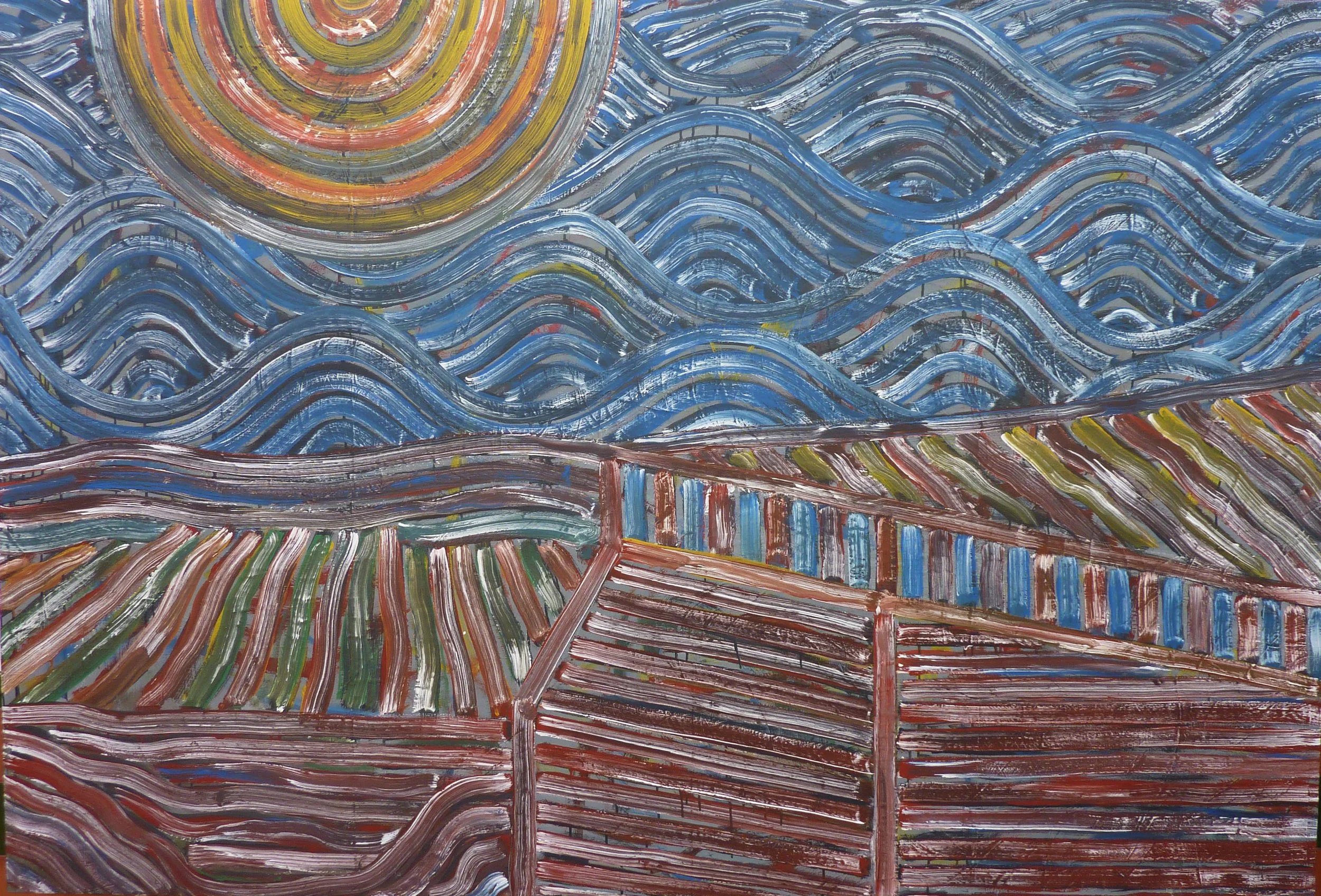 Paisaje y construcción III, 1987, Mixta sobre tela, 150 x 200 cm
