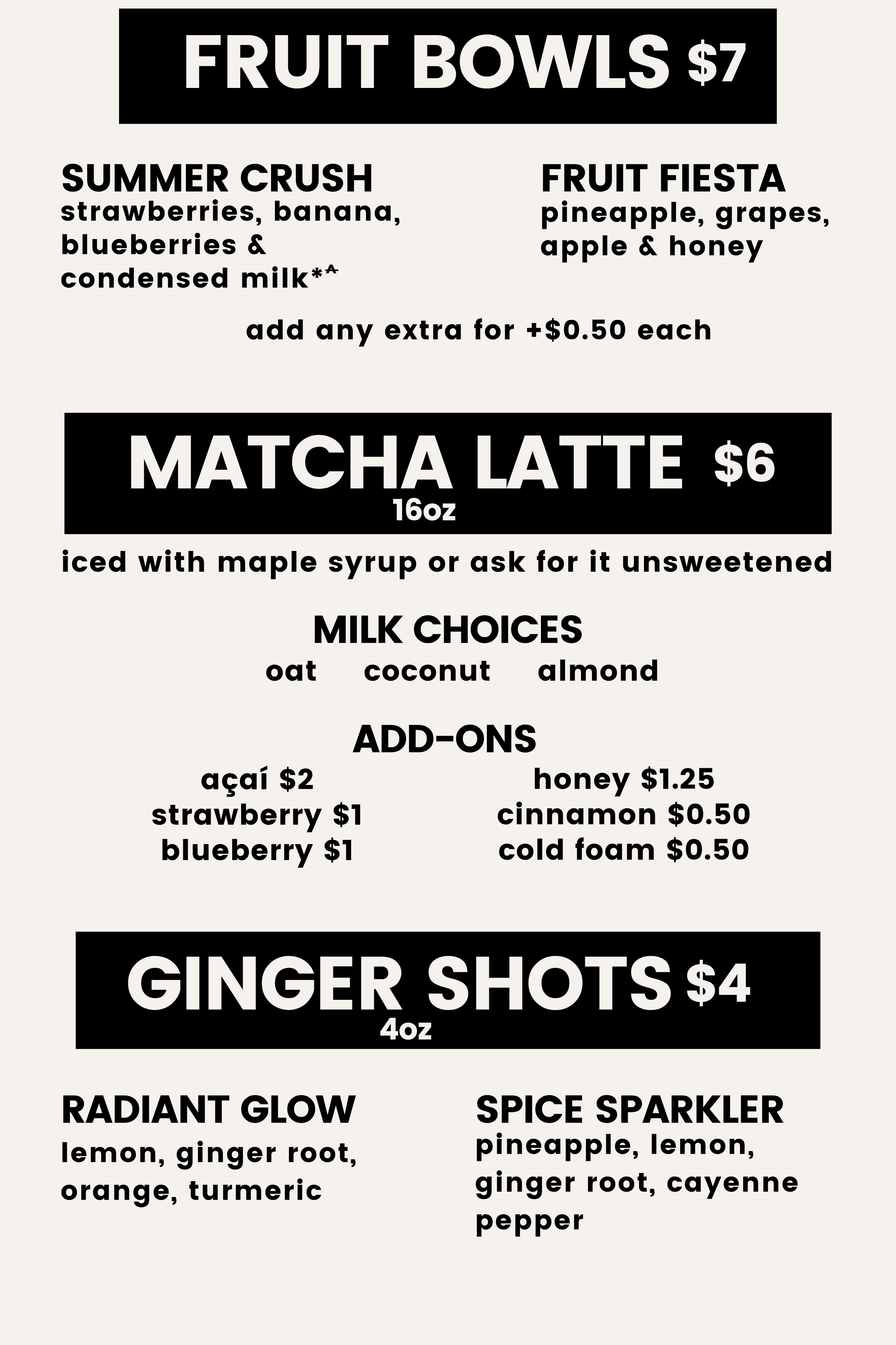 Menu featuring various healthy drinks including fruit bowls, matcha latte, ginger shots, radiant glow, and spice sparkler, with descriptions and prices.