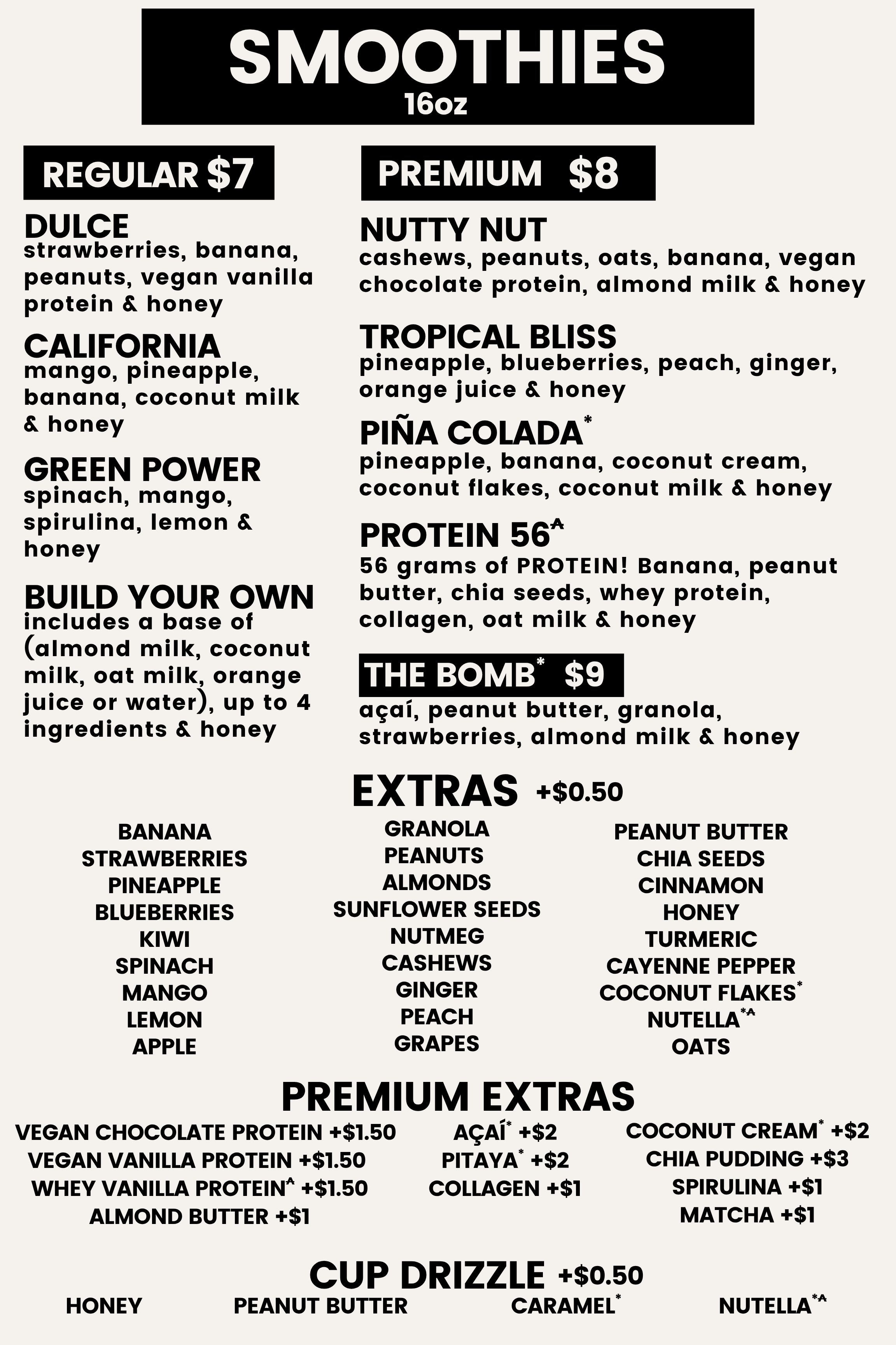 A menu of smoothies with various flavors and ingredients, and extra options for add-ins and toppings.