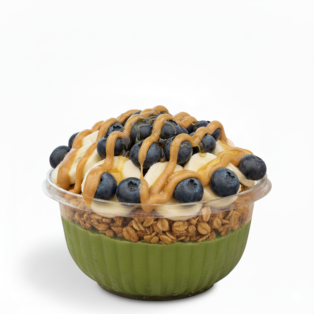 A clear plastic cup filled with a layered smoothie, topped with sliced almonds and chopped pineapple, with a label that reads '88 Smoothie Bowls,' on a wooden surface.
