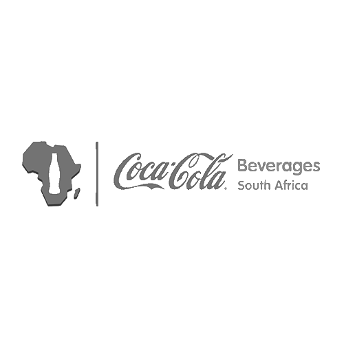 Coca-Cola Beverages South Africa logo in gray, featuring a map of Africa shaped like a bottle, with 'Coca-Cola' in cursive and 'Beverages South Africa' in regular font.