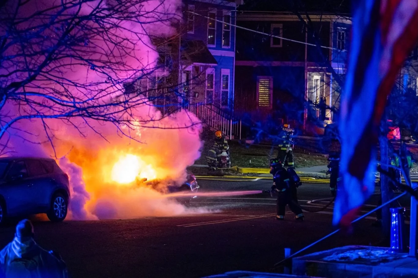 City of Wyoming Fire &amp; EMS responded to a car fire tonight. Our volunteer firefighters quickly extinguished the fully involved car fire with some interesting smoke effects caused by holiday lights. Thanks to Jason Miller for the photos.

#wyoming