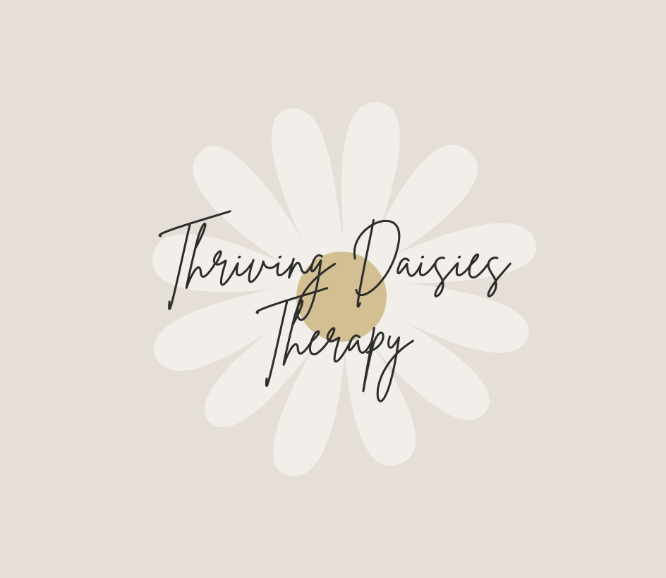 A graphic with a beige background featuring a white daisy illustration and the text "Thriving Daisies Therapy" in black cursive font over the flower.