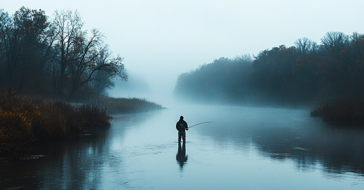 A person fishing in a misty river surrounded by trees and tall grasses.