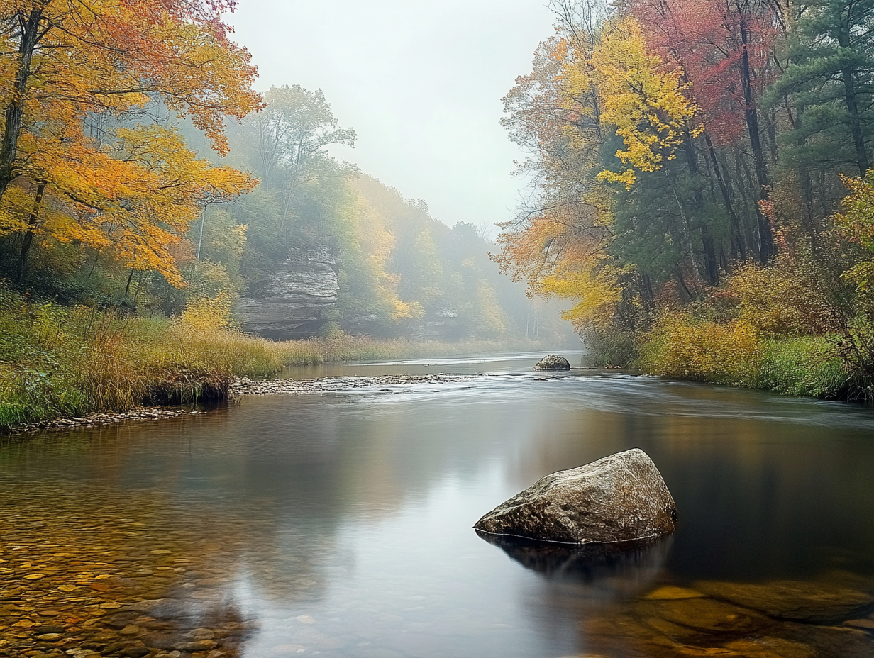 A tranquil river in autumn with colorful foliage and rocks on the shore.