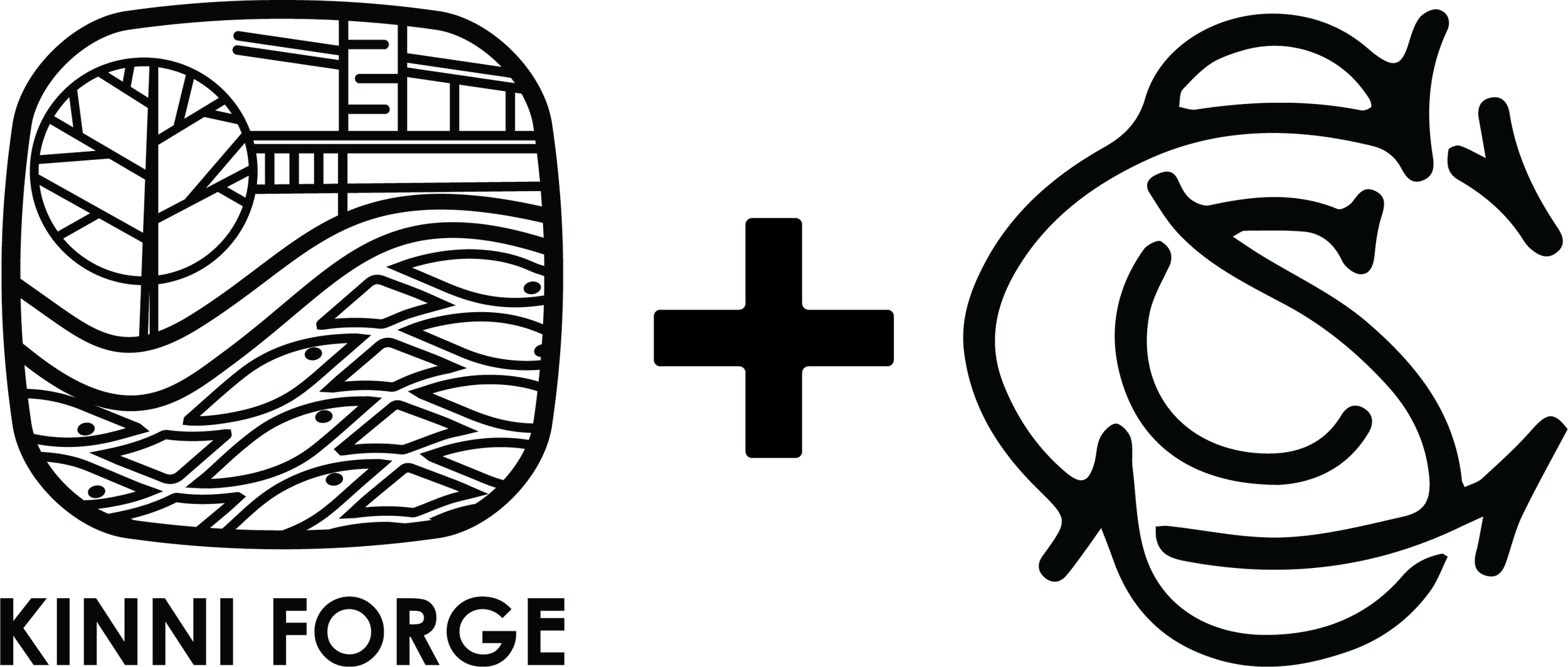 A black and white logo featuring an illustration of a fish and a parrot, with the text 'KinnForce' underneath.