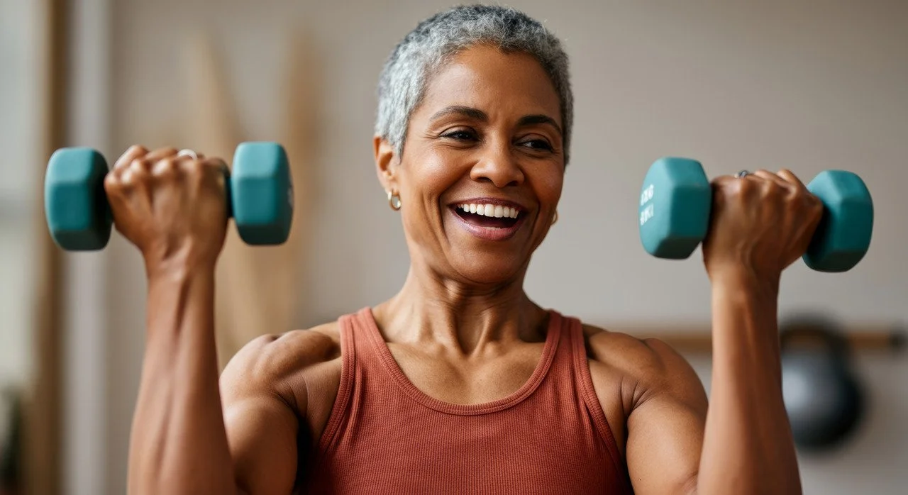 Older woman lifting dumb bells