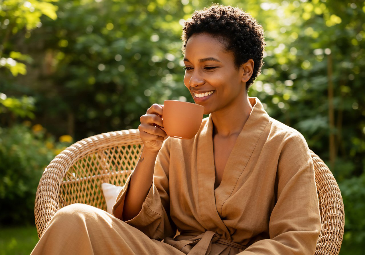 woman sitting in chair sipping tea outdoors