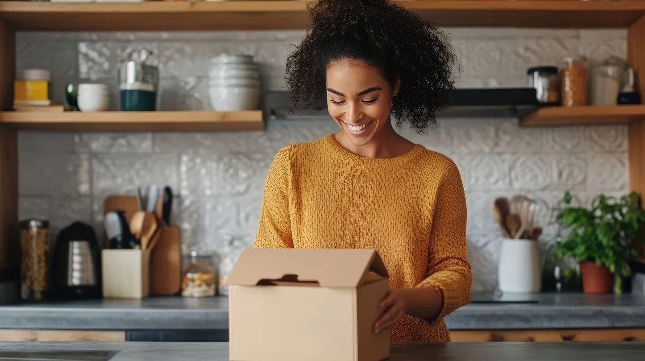 smiling woman opening package