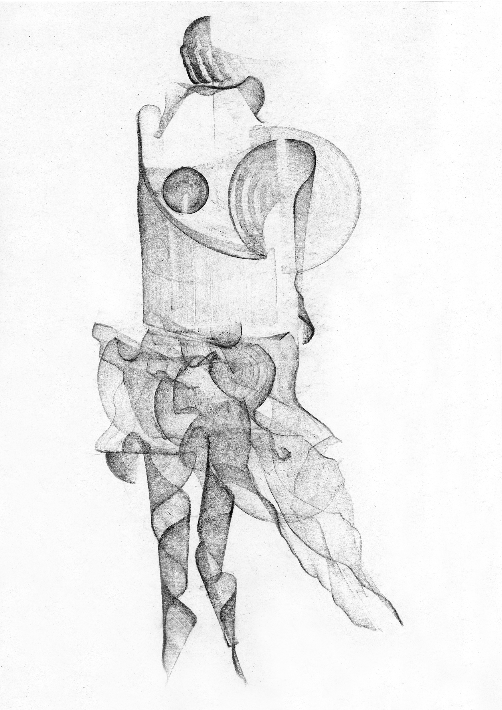 Abstract pencil drawing featuring layered geometric shapes and a human figure.