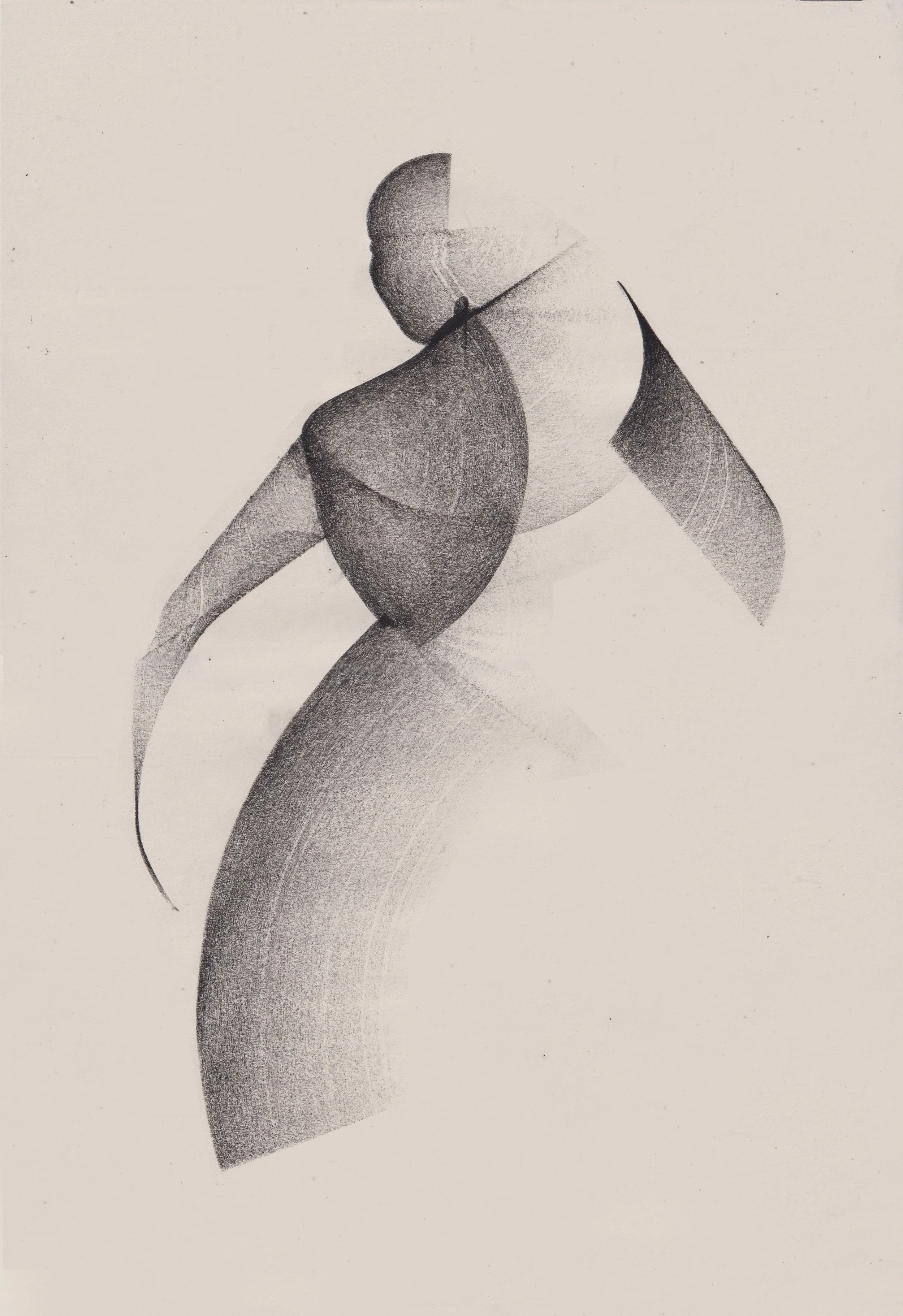 Abstract black and white drawing of a female figure in motion, with flowing shapes and shading.