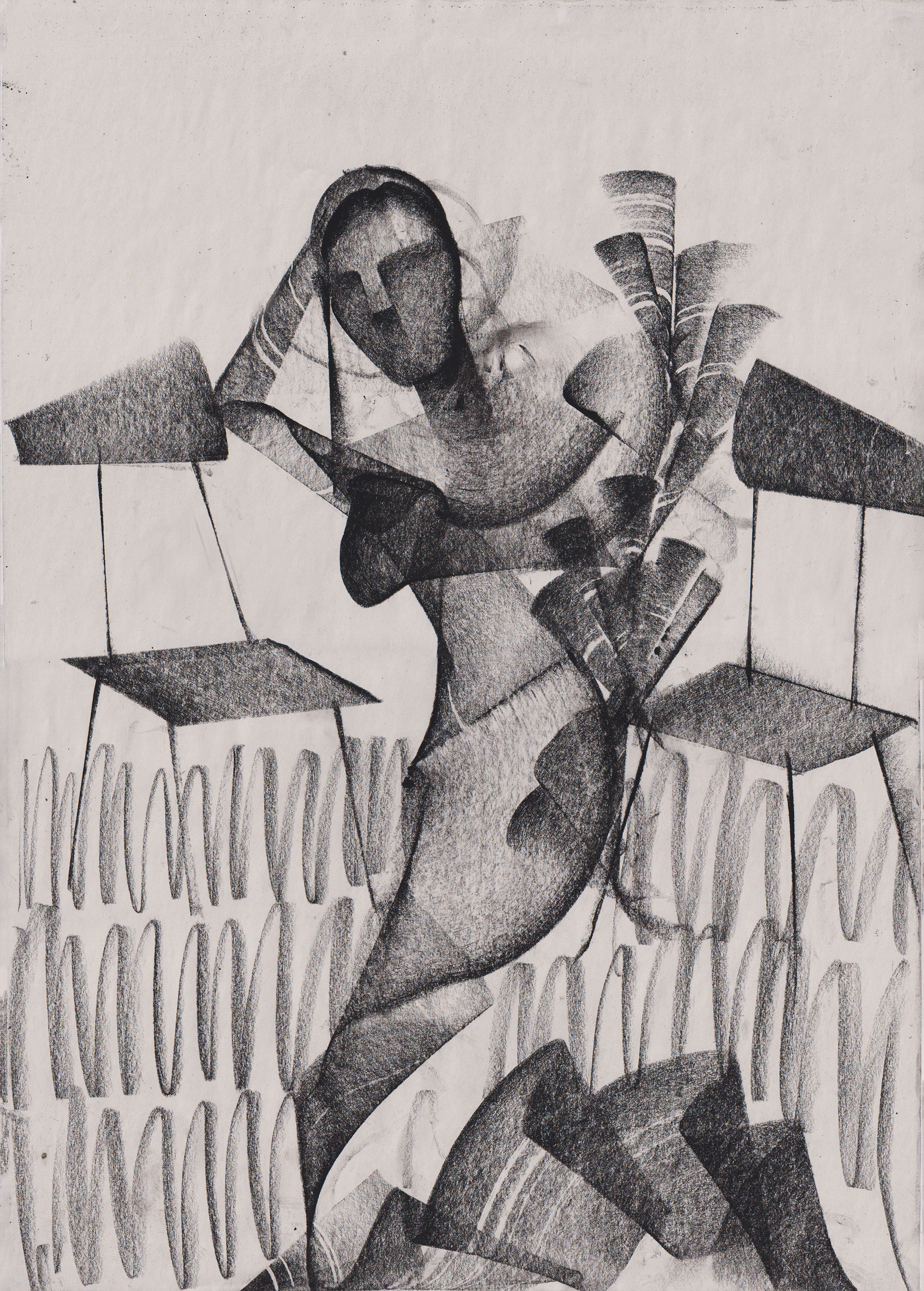 A black and white collage of a woman sitting between two chairs, with abstract and geometric elements, created using layered paper and shading.