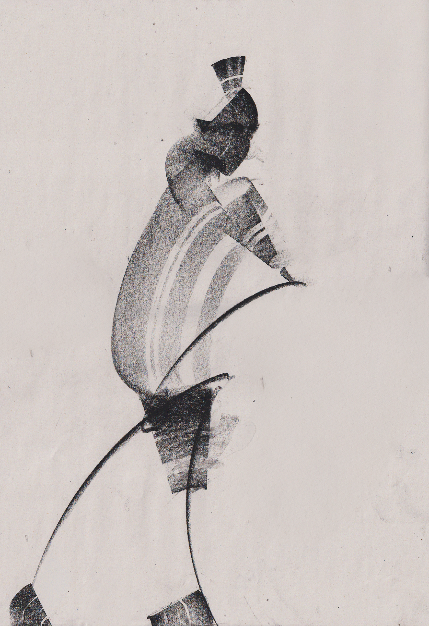 Black and white abstract drawing of a woman dancing, with flowing lines and shaded areas emphasizing movement.