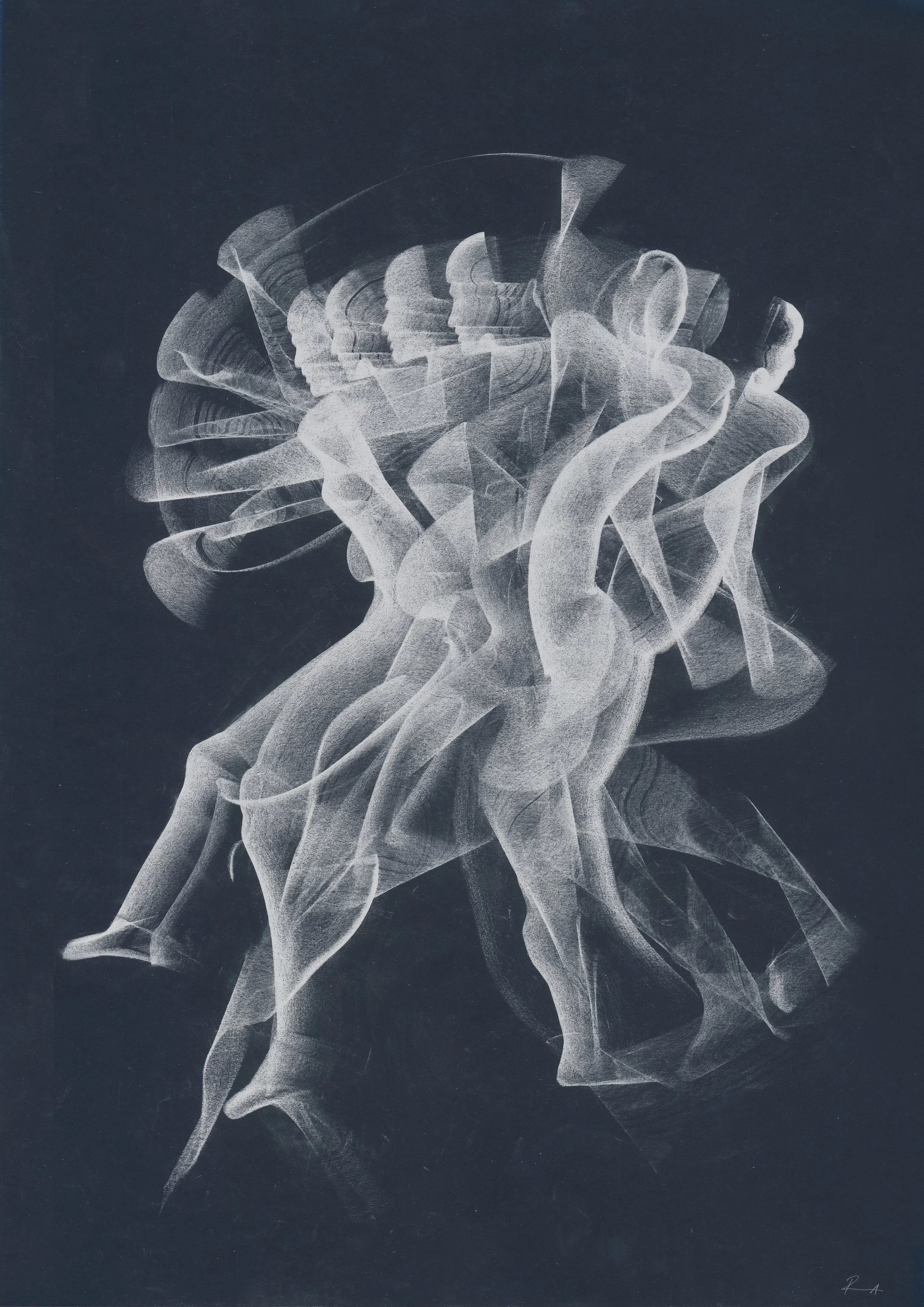 A black and white artistic image of a human figure in a seated pose, made up of layered, translucent, ribbon-like shapes.
