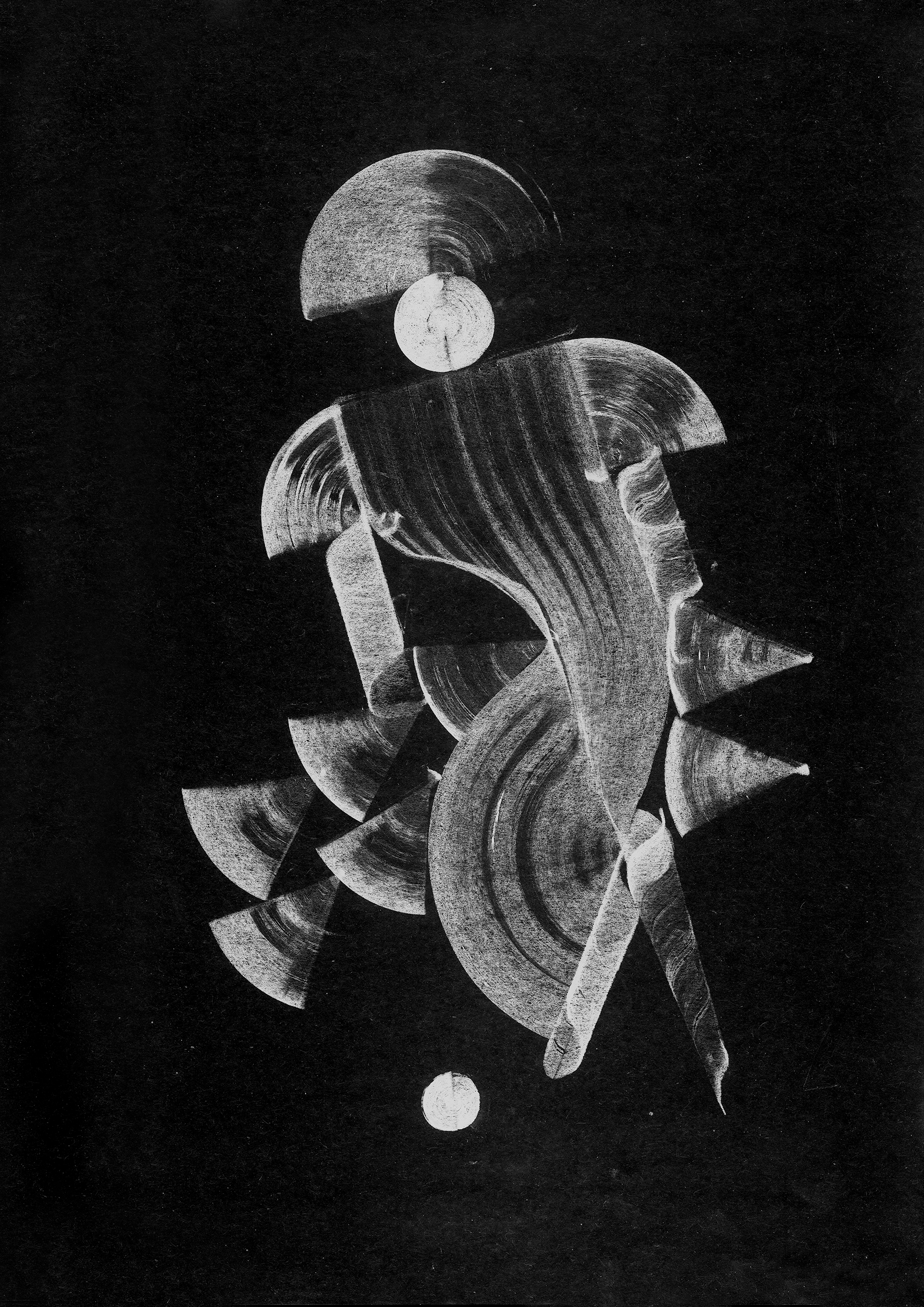 Abstract black and white artwork with geometric shapes and curved lines on a dark background.