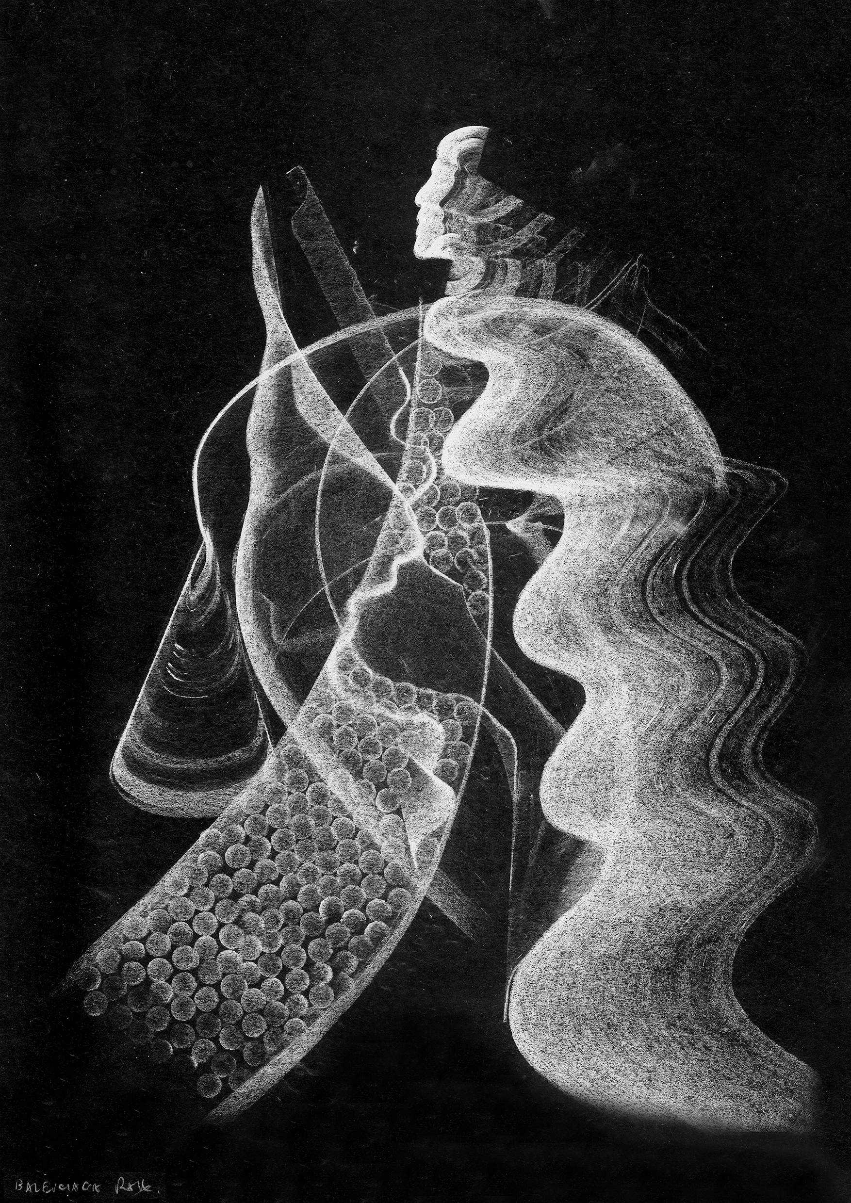 Abstract chalk drawing on black background depicting a human face profile, a hand holding a knife, and geometric and organic shapes.