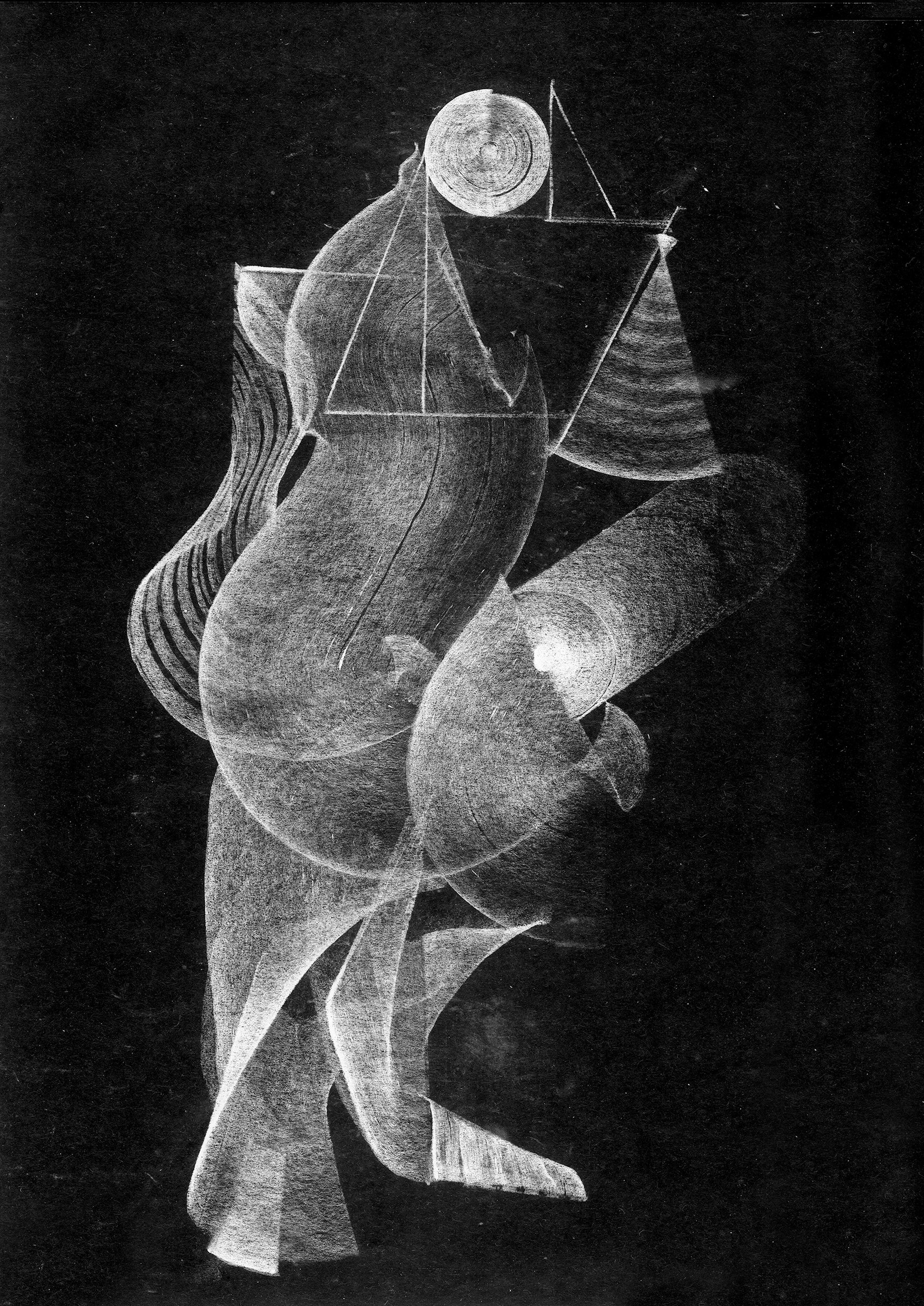 Abstract black and white drawing of a female figure with geometric shapes, a circular head, and flowing lines.