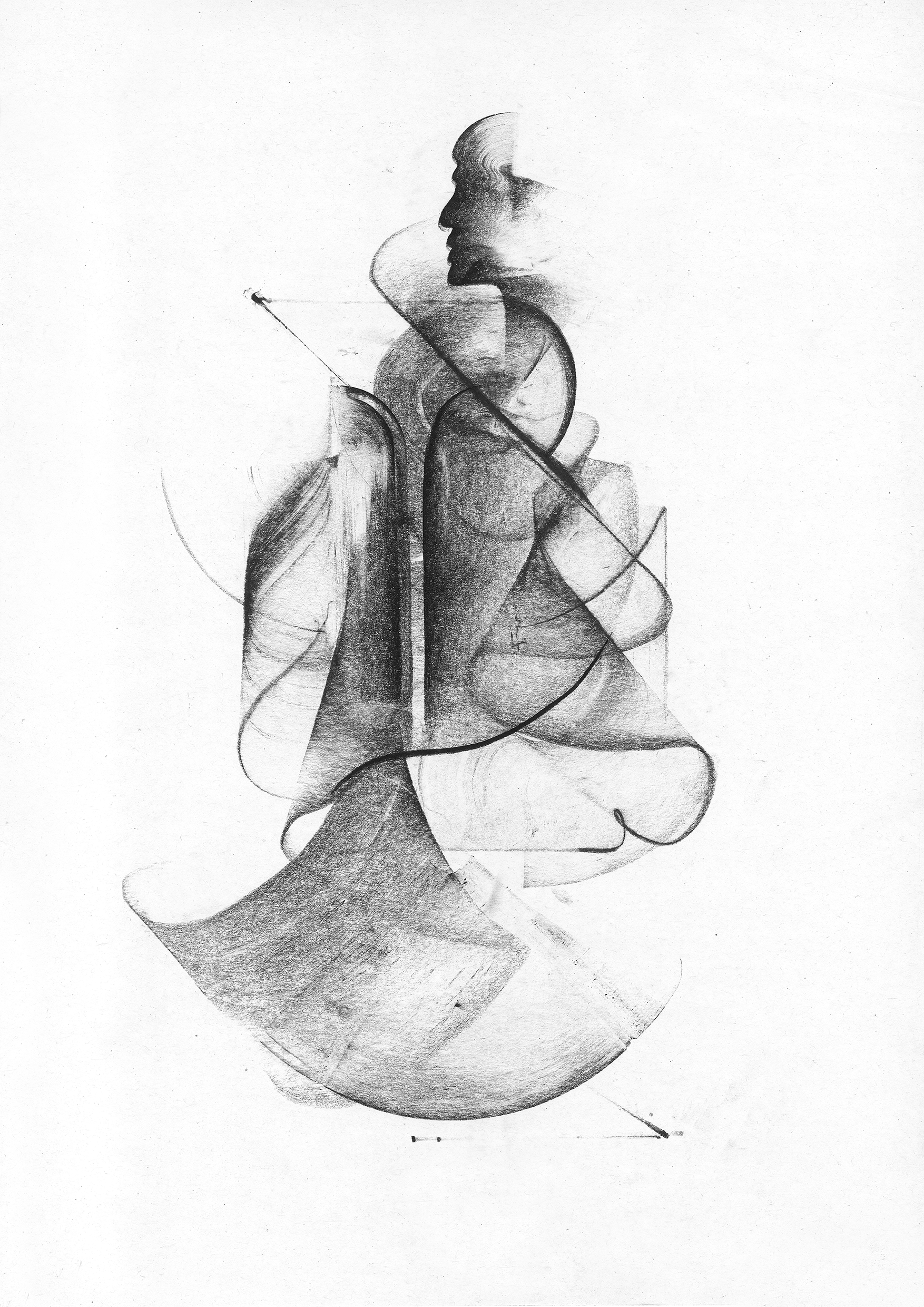 A black and white abstract sketch of a woman sitting with her knees up, with overlapping lines and shading creating a layered appearance.