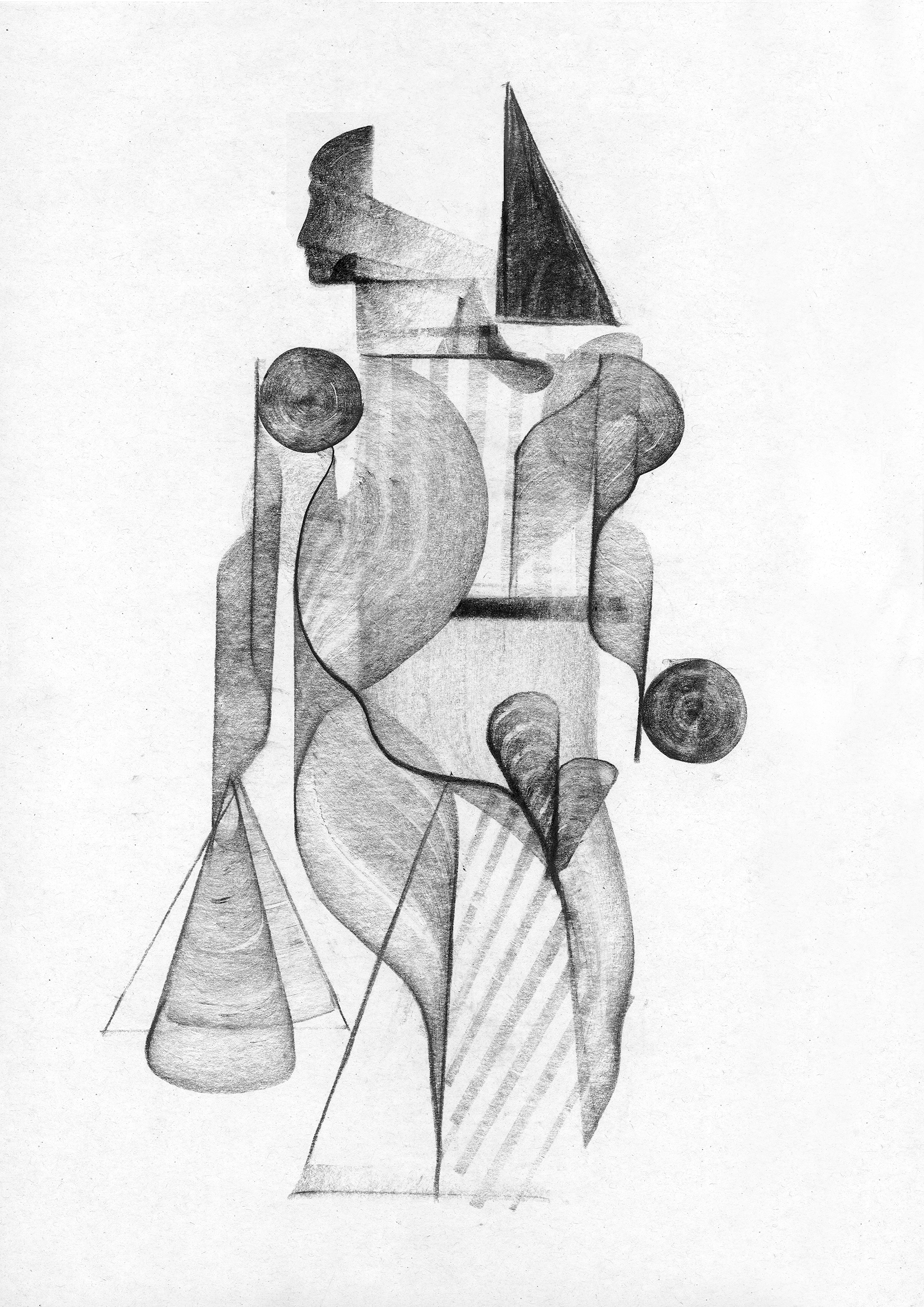 A black-and-white abstract geometric drawing featuring various shapes like circles, triangles, cones, and curved forms arranged in a vertical composition.