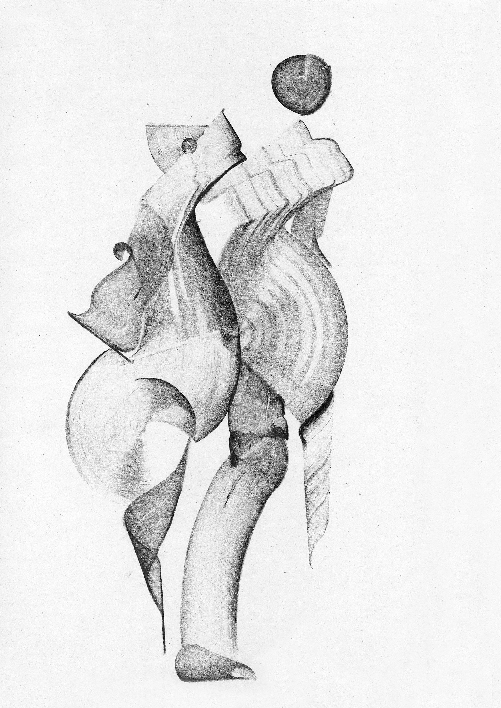 Abstract pencil drawing of an elephant with a small ball or sphere above its head.