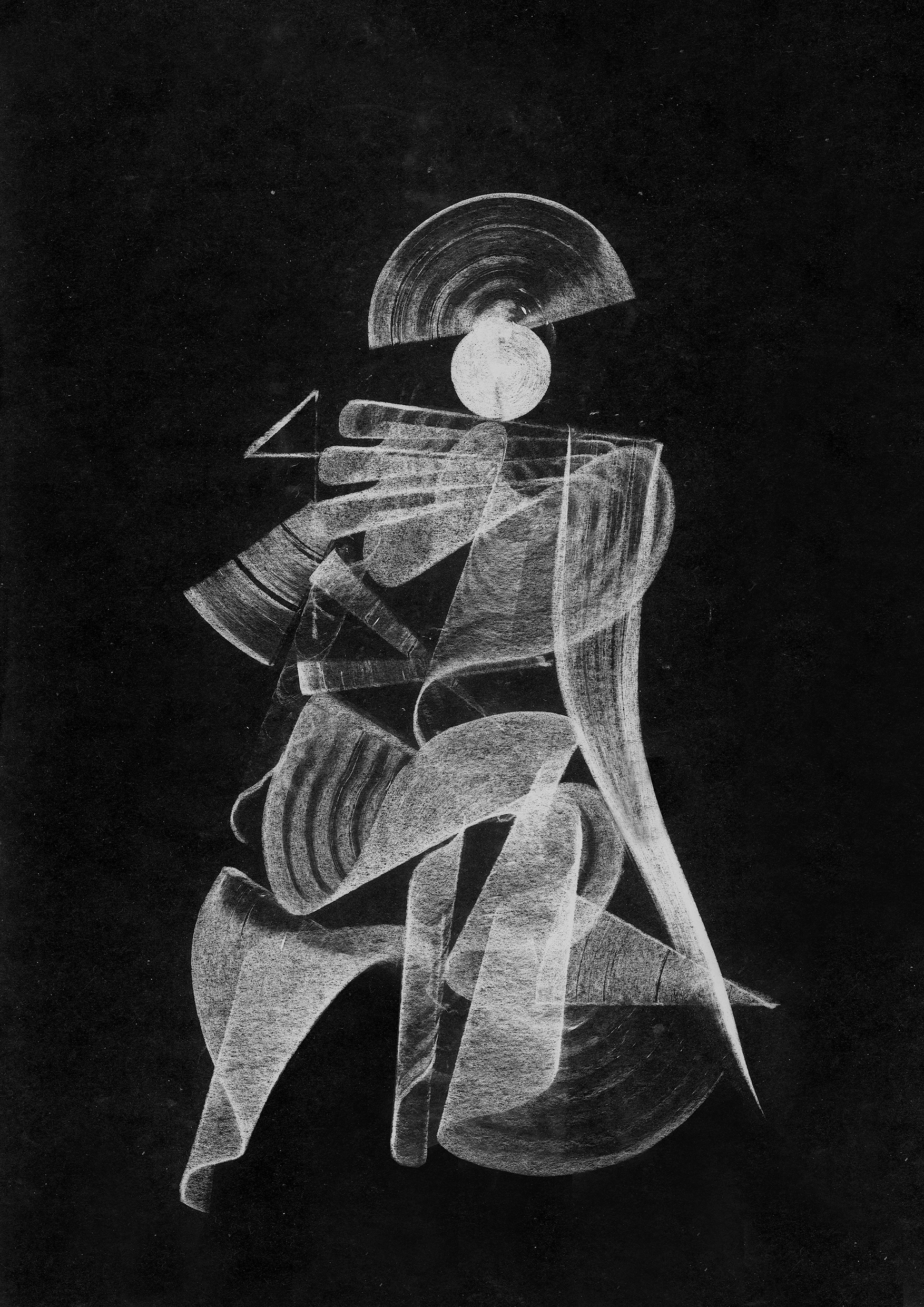 Abstract black-and-white line drawing of a seated human figure with a sphere for a head, an arc shape above the head, and geometric shapes representing limbs and torso, on a dark background.