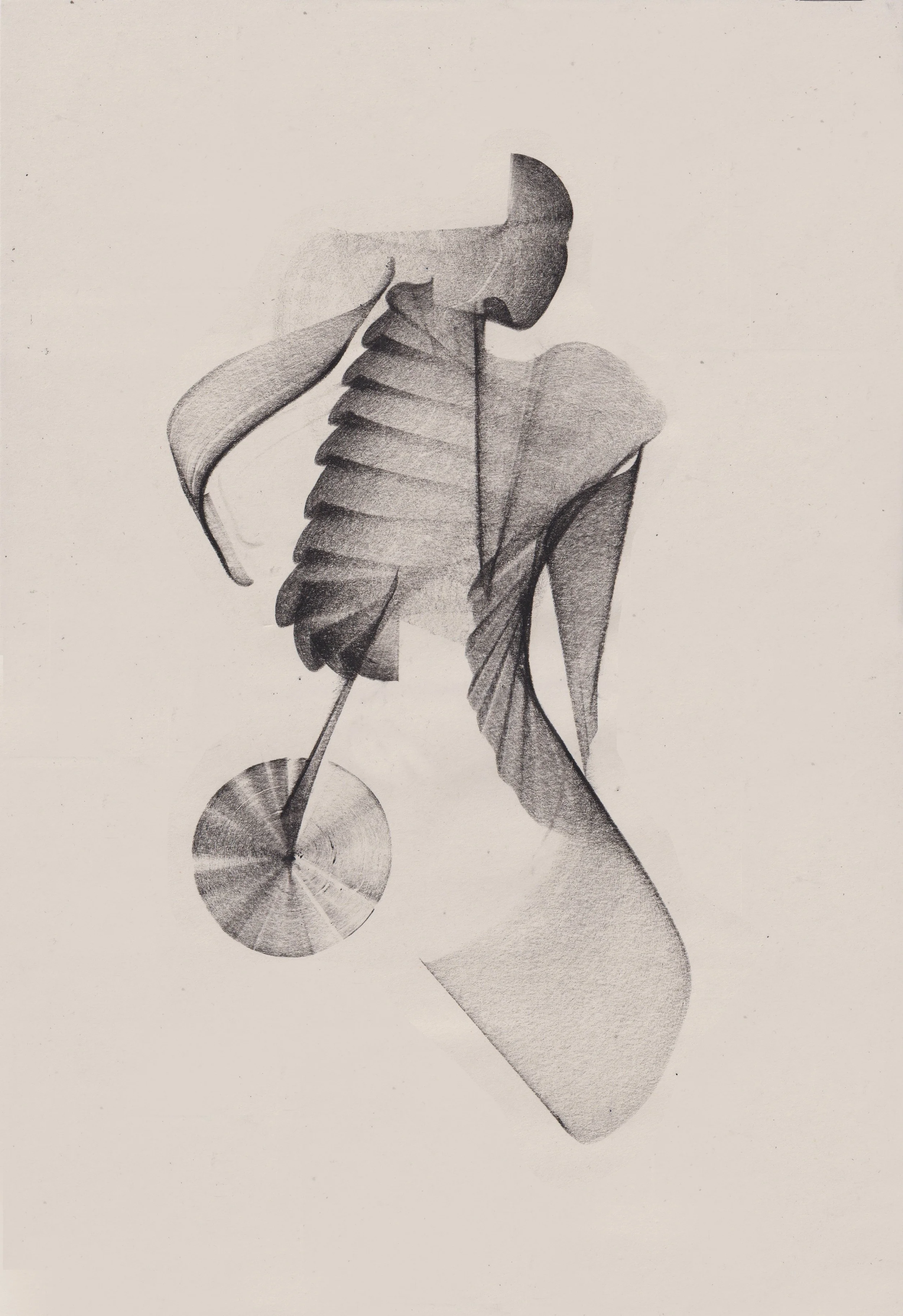 Abstract black and white drawing of a human figure with wing-like shapes and a circular element on one side.
