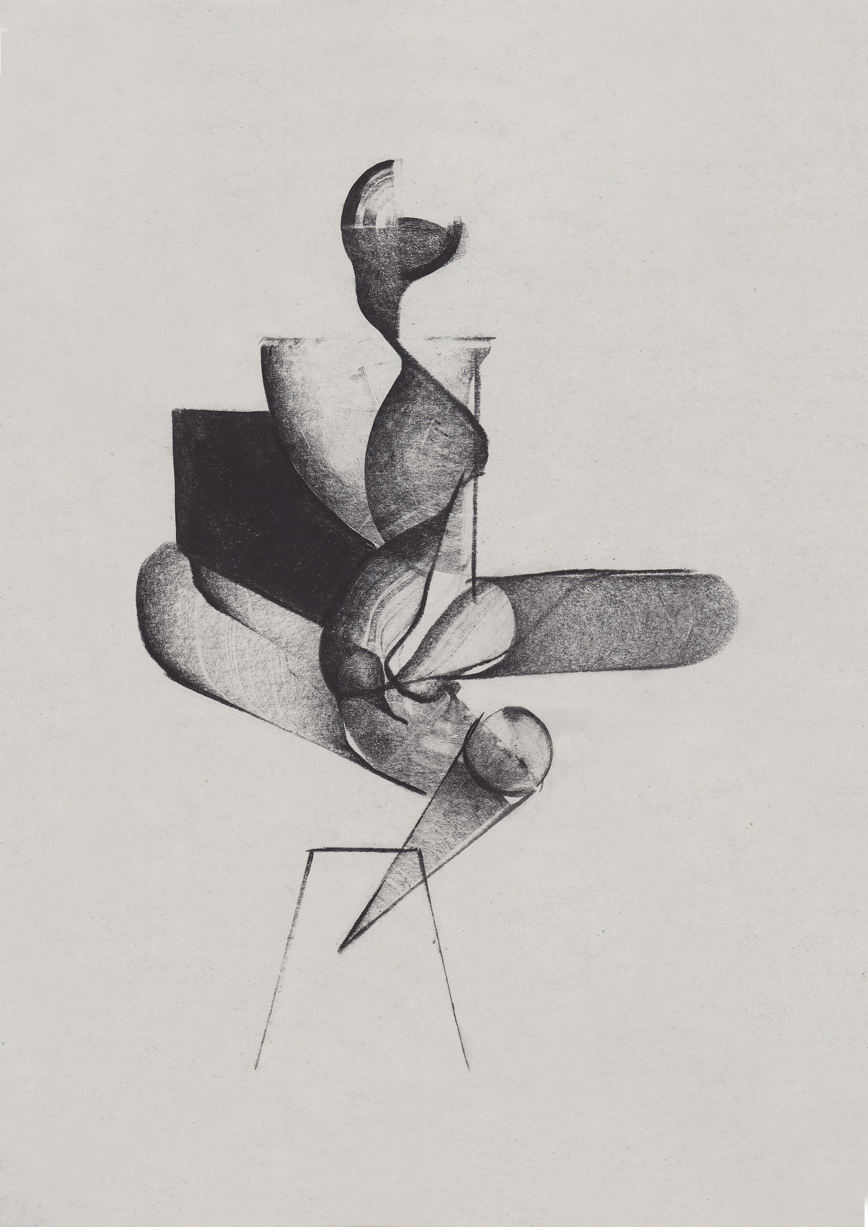 Black and white abstract drawing of human forms and geometric shapes with a seat or chair-like structure.
