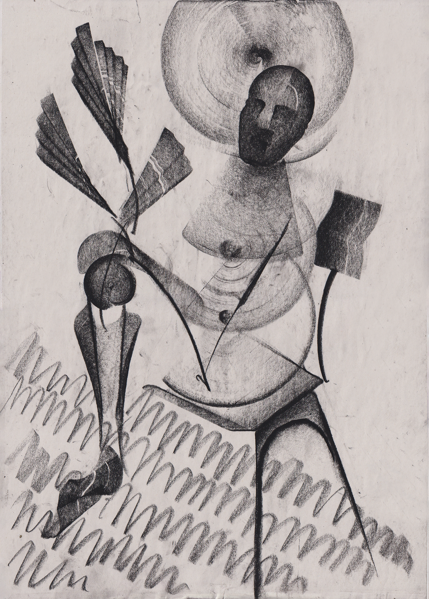 Black and white abstract pencil drawing with geometric shapes, a face-like mask, and textured background.