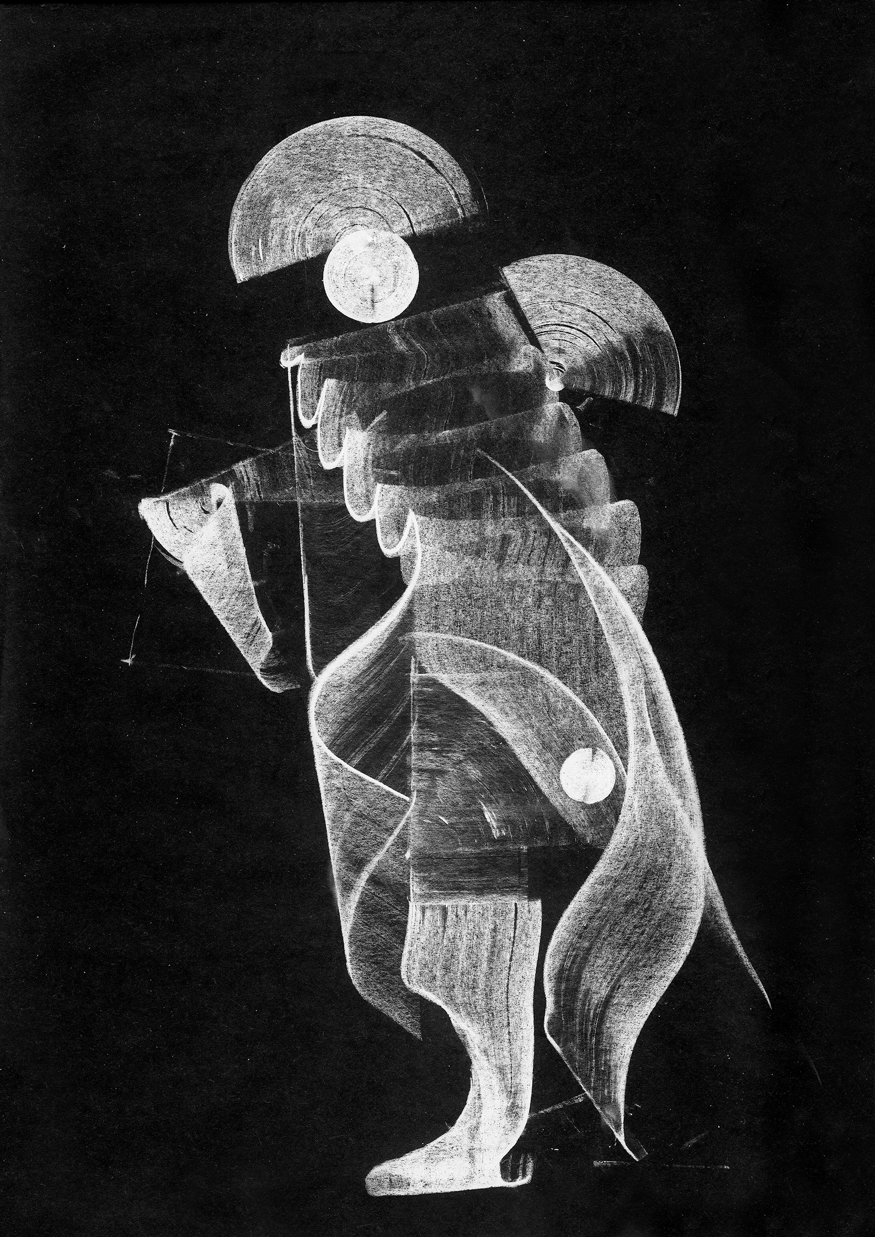 Black and white abstract artwork featuring geometric shapes and lines, creating a figure with a large circular head, elongated body, and curved lower limbs, with a dark background.