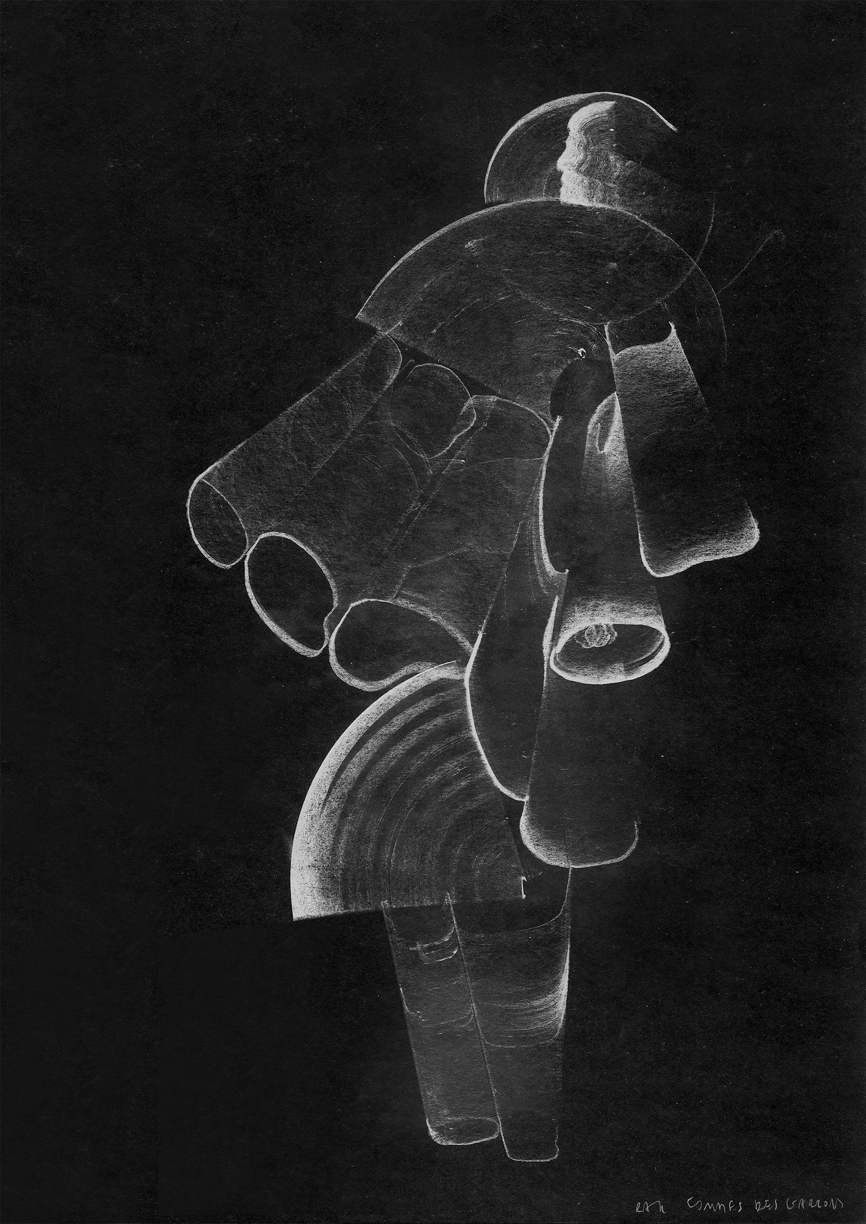 Black and white abstract drawing of a person with futuristic, tubular glasses and headgear, using a sketchy chalk-like style.