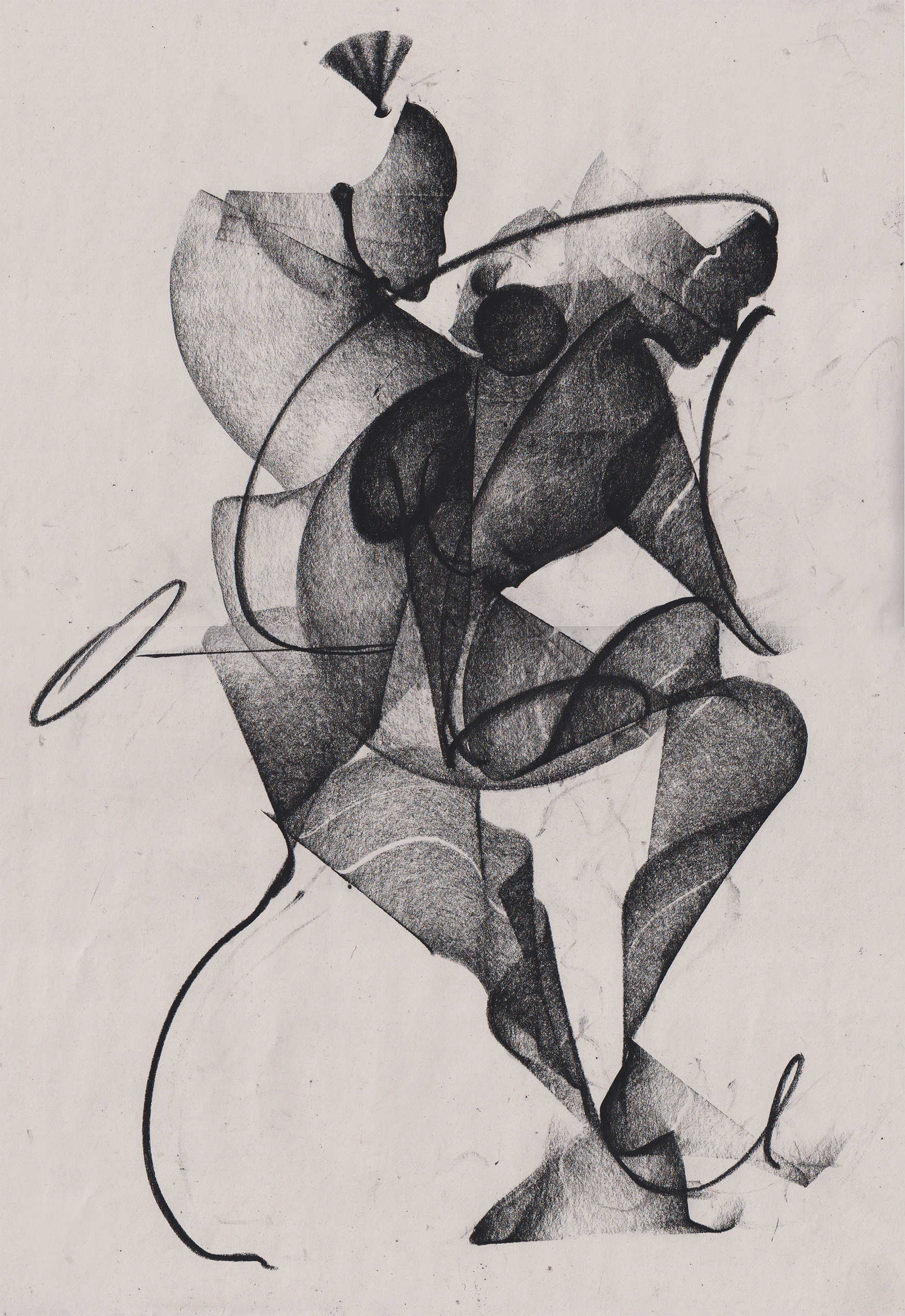 Abstract black and white drawing made with pencil, featuring geometric shapes and flowing lines.