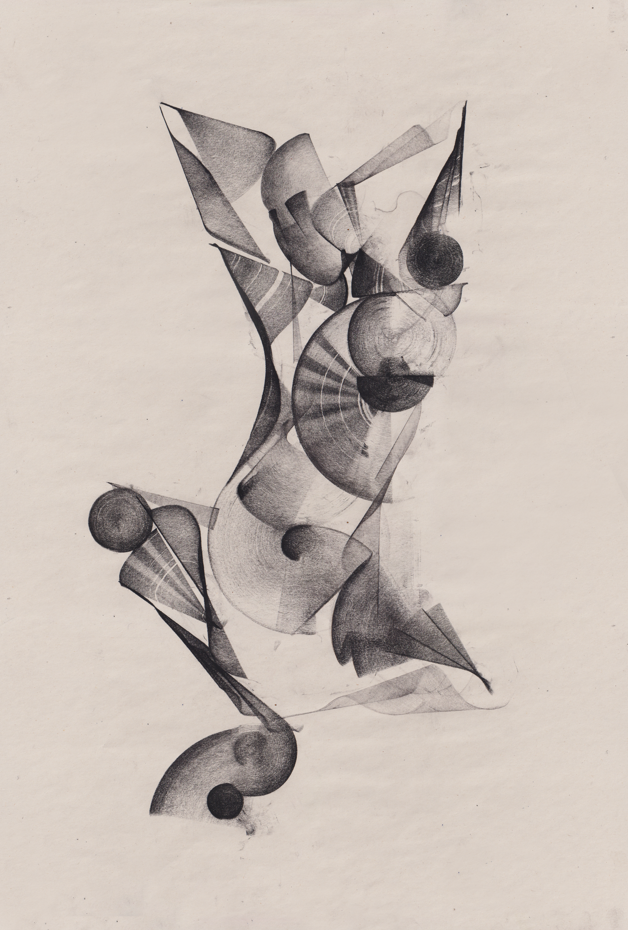 Abstract black and white geometric drawing with circles, triangles, and curved shapes.