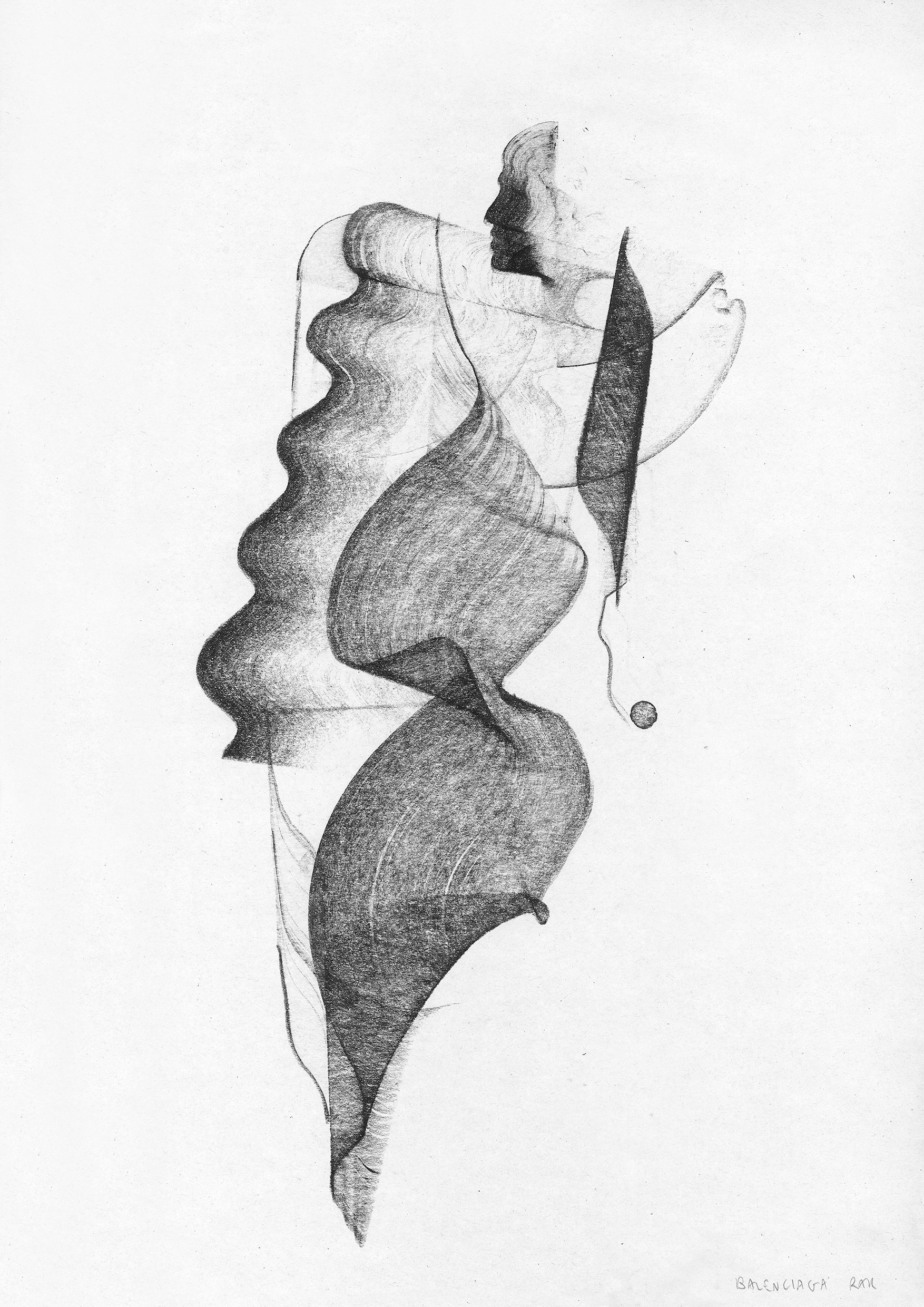 A pencil sketch of an abstract woman with flowing hair, holding a bouquet of flowers, with a profile view of her face and body, rendered with shading and line work.