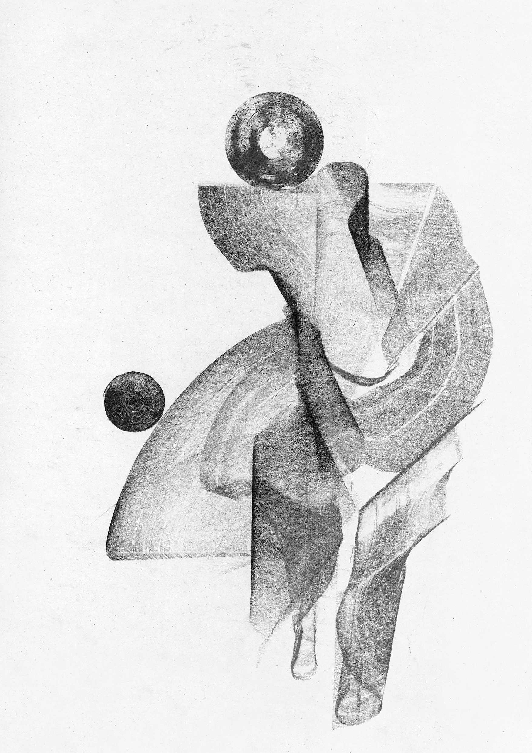 Black and white abstract drawing of a woman sitting with her head bowed, with geometric shapes and circles around her.
