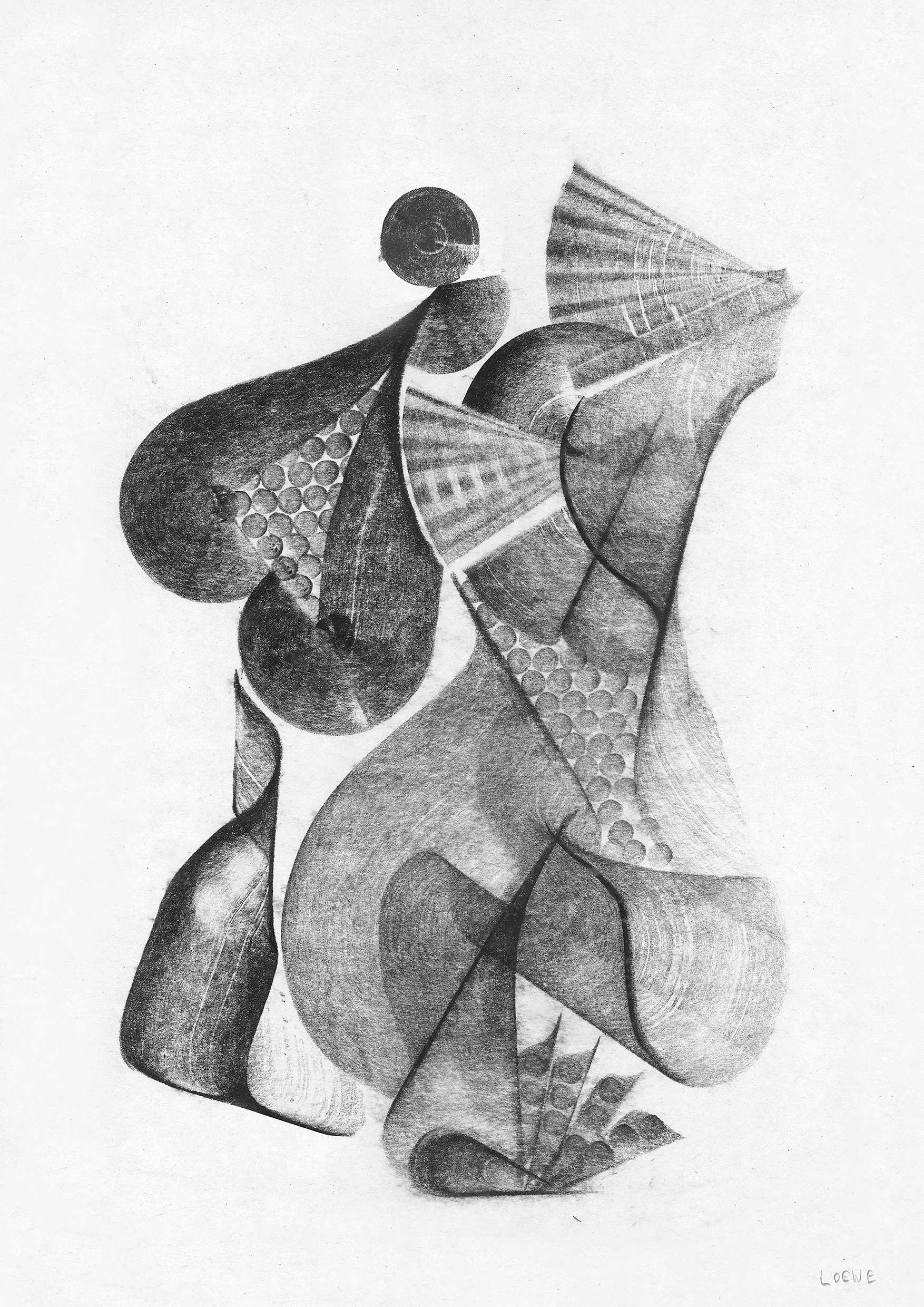 Abstract black and white drawing featuring shapes and textures resembling leaves, bubbles, and geometric patterns.