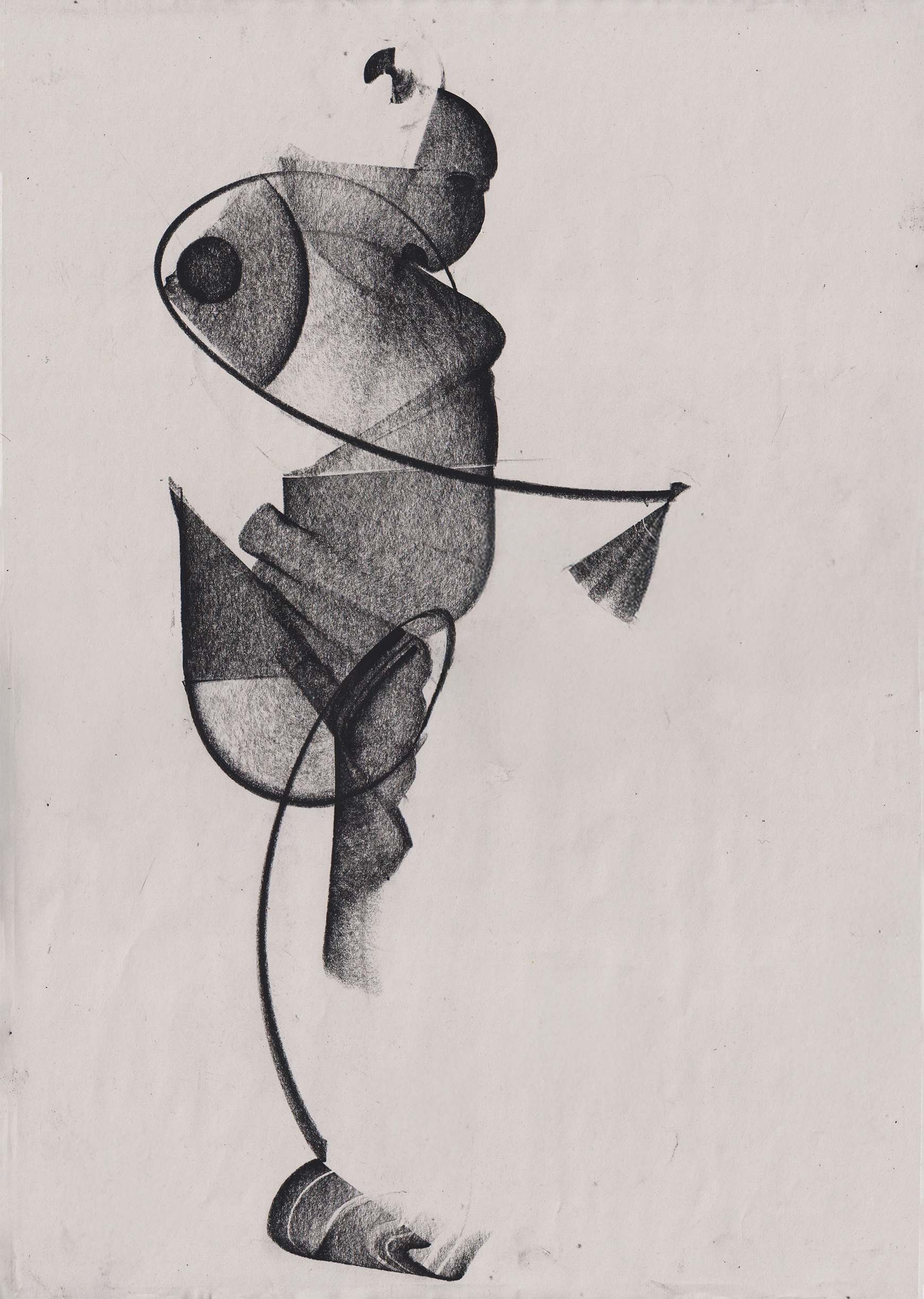 A surreal black and white drawing of a walking woman with a rounded head, wearing a skirt, high heels, and an umbrella that stretches around her body.