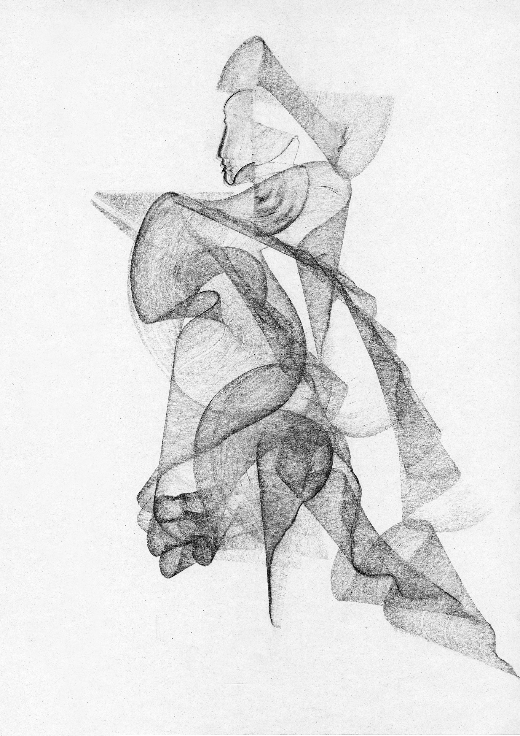A monochrome abstract sketch of a human figure with layered, flowing shapes.