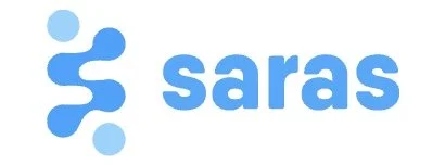 Saras logo with abstract blue shape and lowercase text