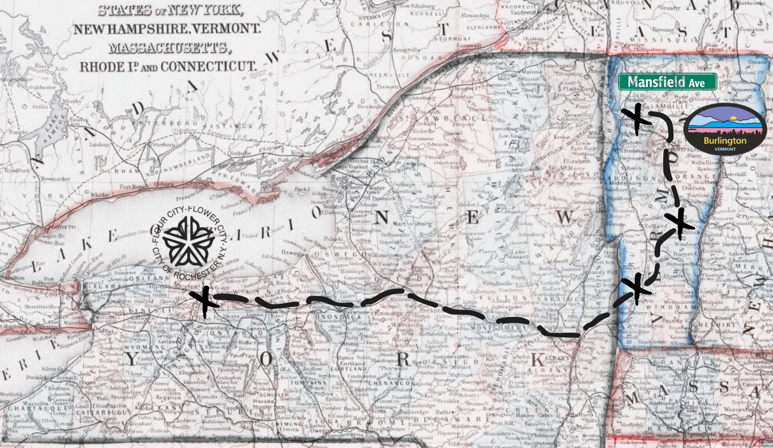 Map of a route from Burlington, Vermont to Rochester, New York marked with a dashed black line, crossing Lake Champlain, with labels of streets and landmarks along the way.