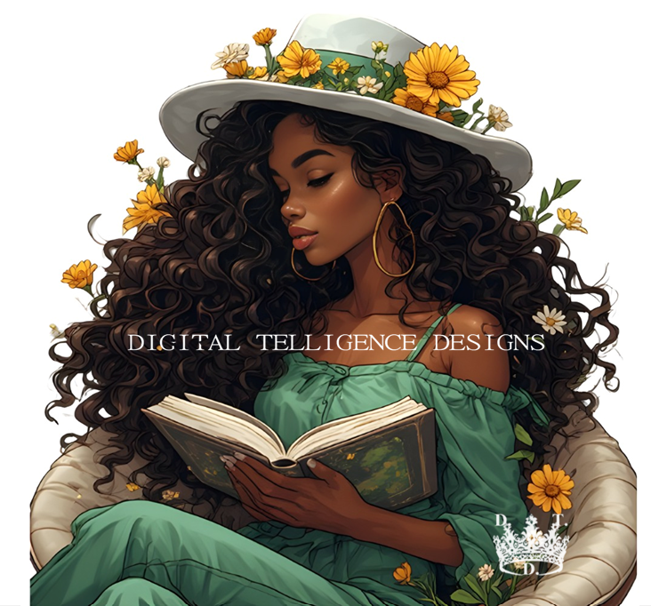 BLACK READING GIRLS VIBING IN THE SPRING GROWTH & REFLECTION AFFIRMATIONS 72 PNGS PLUS CLIPART STICKERS  N OFFICIAL COPY BY DIGITAL TELLIGENCE DESIGNS.COM.png