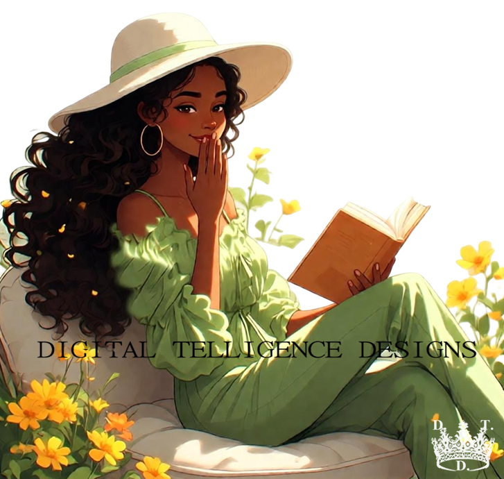 BLACK READING GIRLS VIBING IN THE SPRING GROWTH & REFLECTION AFFIRMATIONS 72 PNGS PLUS CLIPART STICKERS A  OFFICIAL COPY BY DIGITAL TELLIGENCE DESIGNS.COM.png