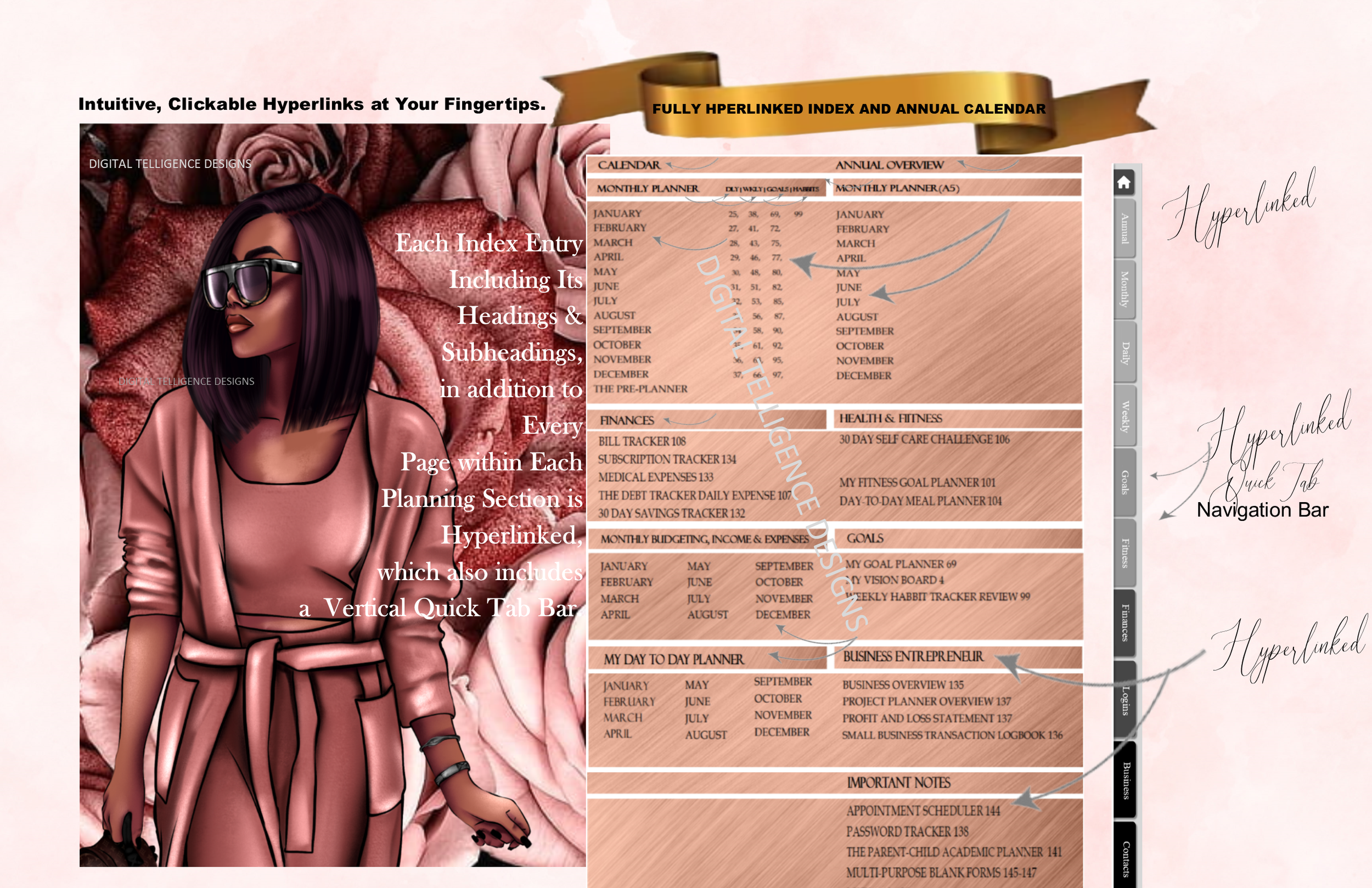 Black Girl Digital 2025 Hyperlinked Planner. THE ALL IN ONE INTUITIVE Multi-Purpose, Woman On The Go Digi Diva Life-Time Planner. For Over 20 Years. The MS. Intuitive Hyperlinked Planner. Index